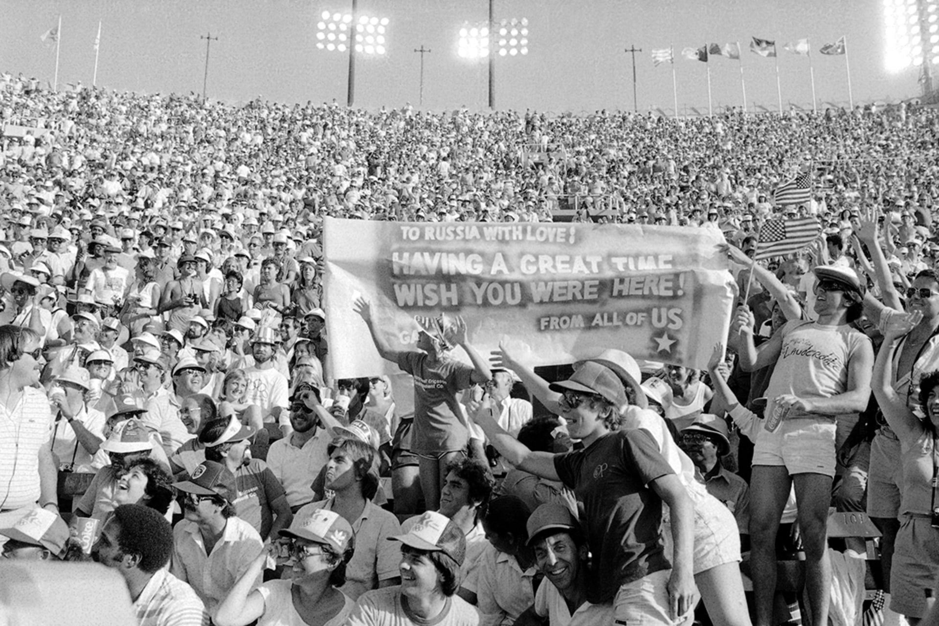 Fans at an Olympic venue in Los Angeles hold up a banner mocking the Soviet Union. Rusty Kennedy/AP Photo