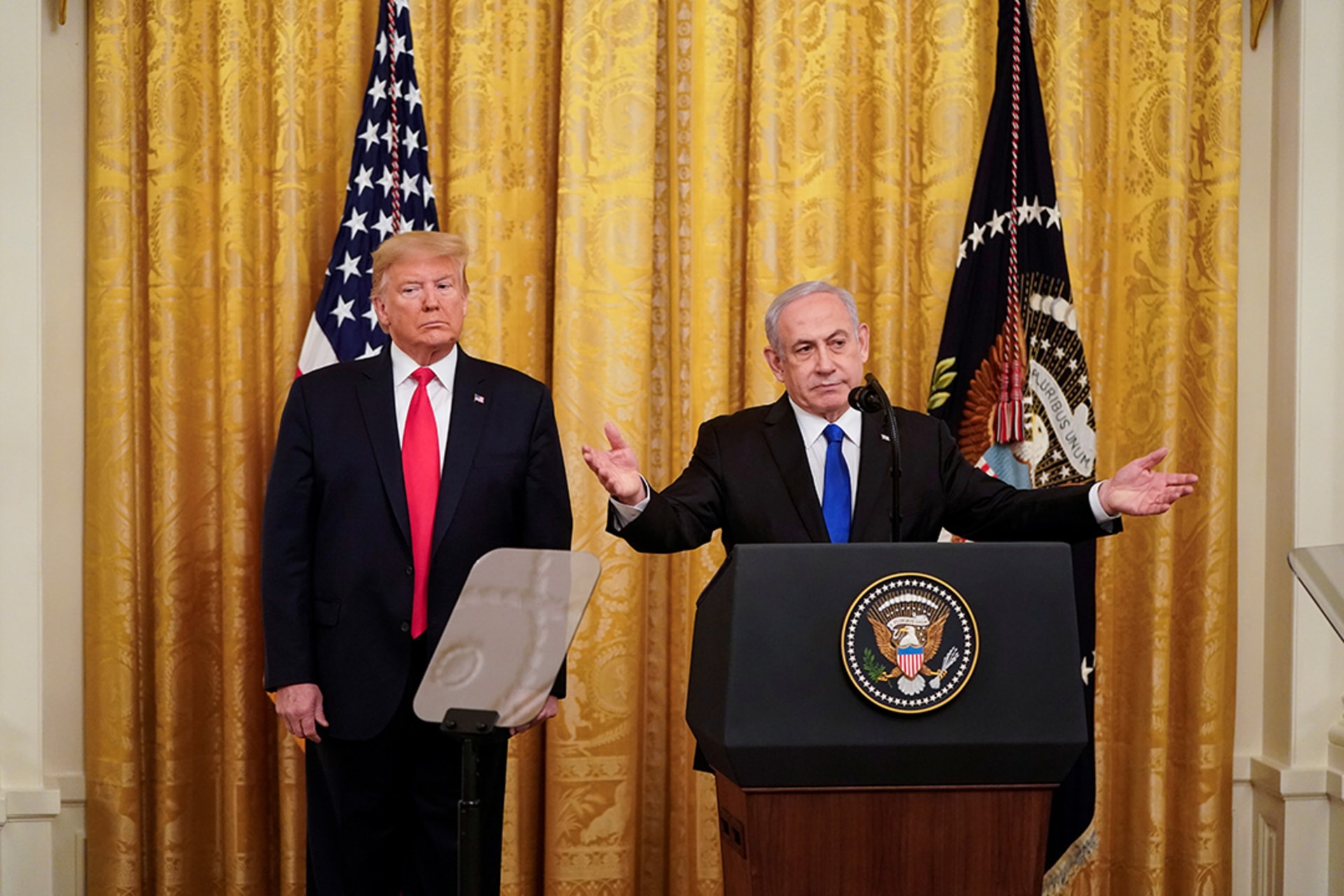 Trump and Israeli Prime Minister Benjamin Netanyahu announce their peace plan proposal at the White House. Joshua Roberts/Reuters
