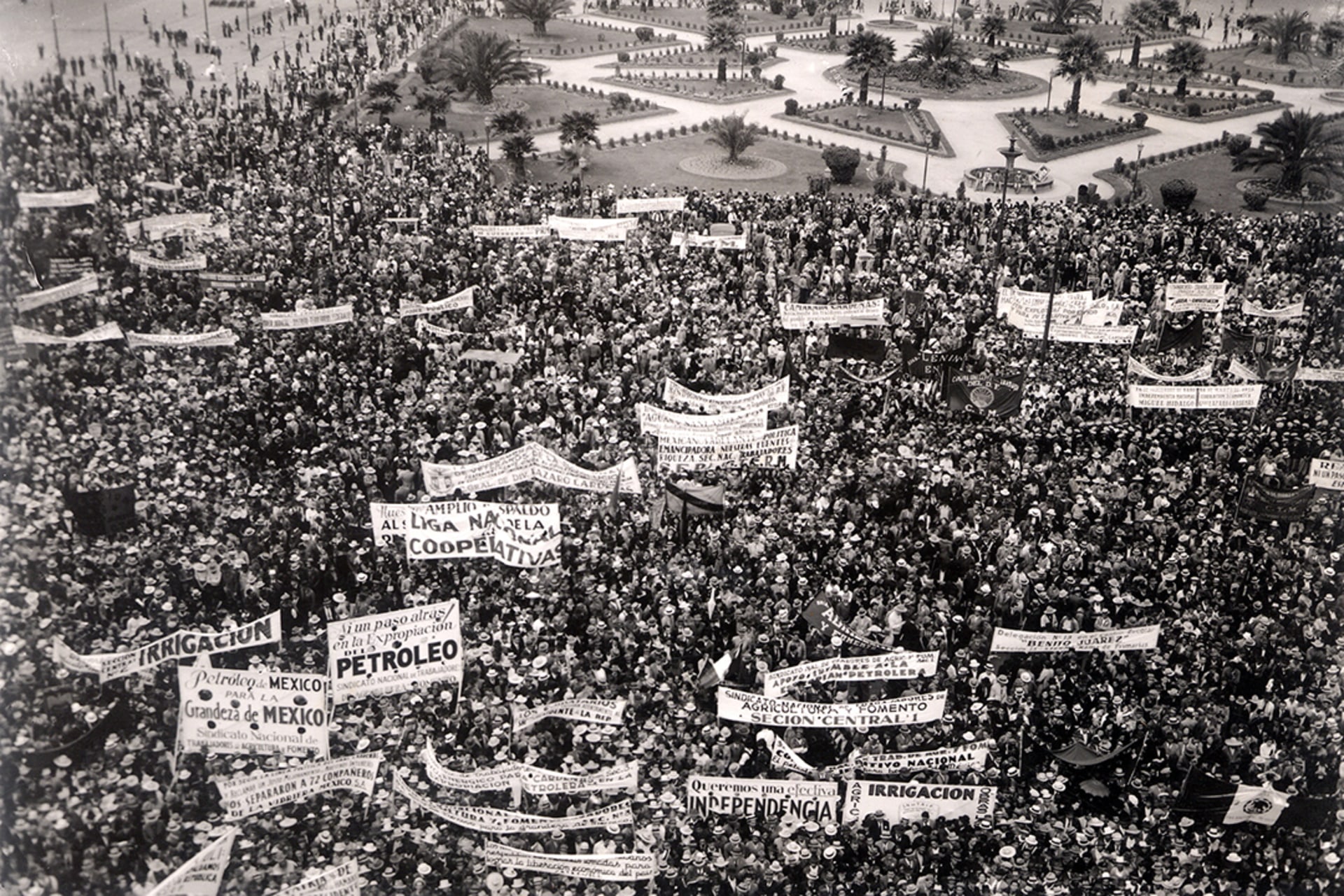 Thousands of Mexicans rally in Mexico City after President Lazaro Cardenas signs an order nationalizing all foreign oil companies that operate in the country on March 18, 1938. Petroleos Mexicanos/MCT/Tribune News Service/Getty Images