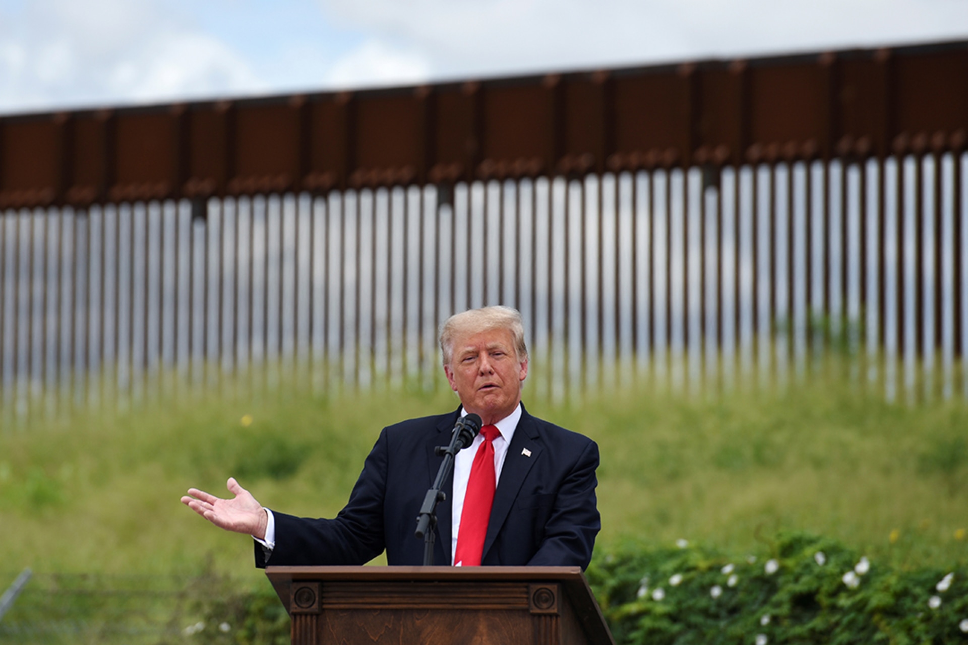 U.S. President Donald Trump speaks in front of an unfinished portion of his proposed wall along the U.S.-Mexico border in Pharr, Texas, in June 2021. Callaghan O’Hare/Reuters