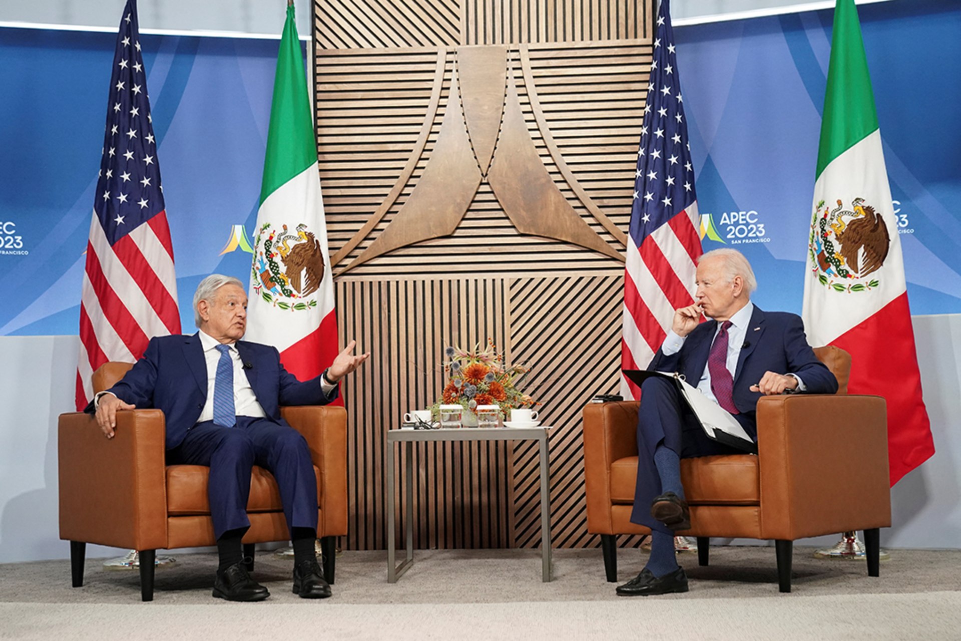 Presidents López Obrador and Biden talk on the sidelines of the Asia-Pacific Economic Cooperation summit in San Francisco. Kevin Lamarque/Reuters