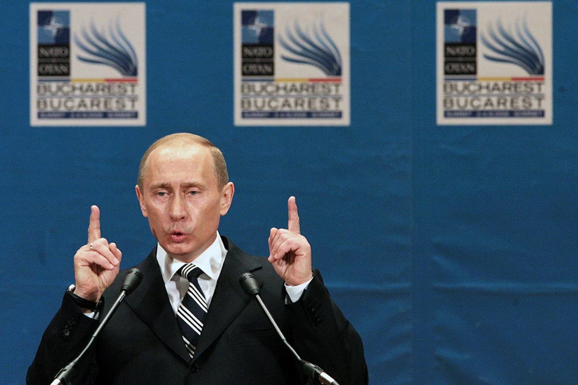 Russian President Vladimir Putin speaks after the NATO-Russia Council meeting at the 2008 Bucharest summit. 
