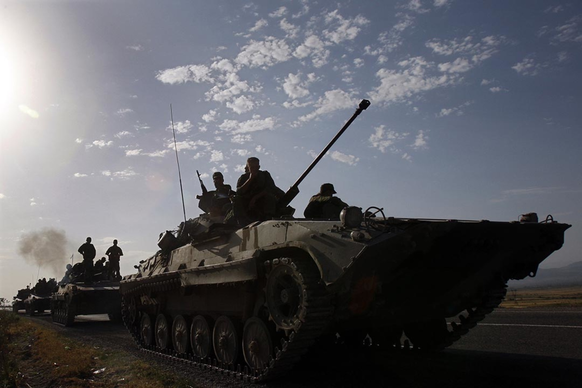 Russian armored vehicles advance outside of Gori, Georgia.