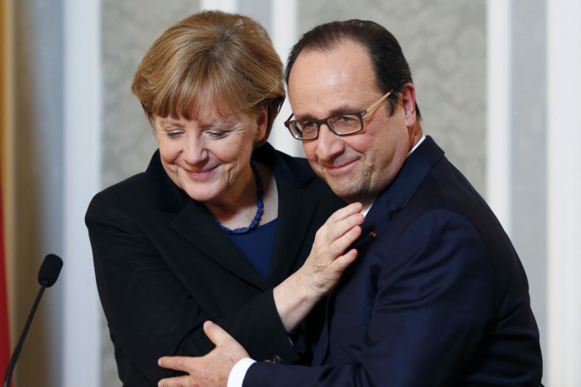 German Chancellor Angela Merkel and French President Francois Hollande after peace talks in Minsk. 
