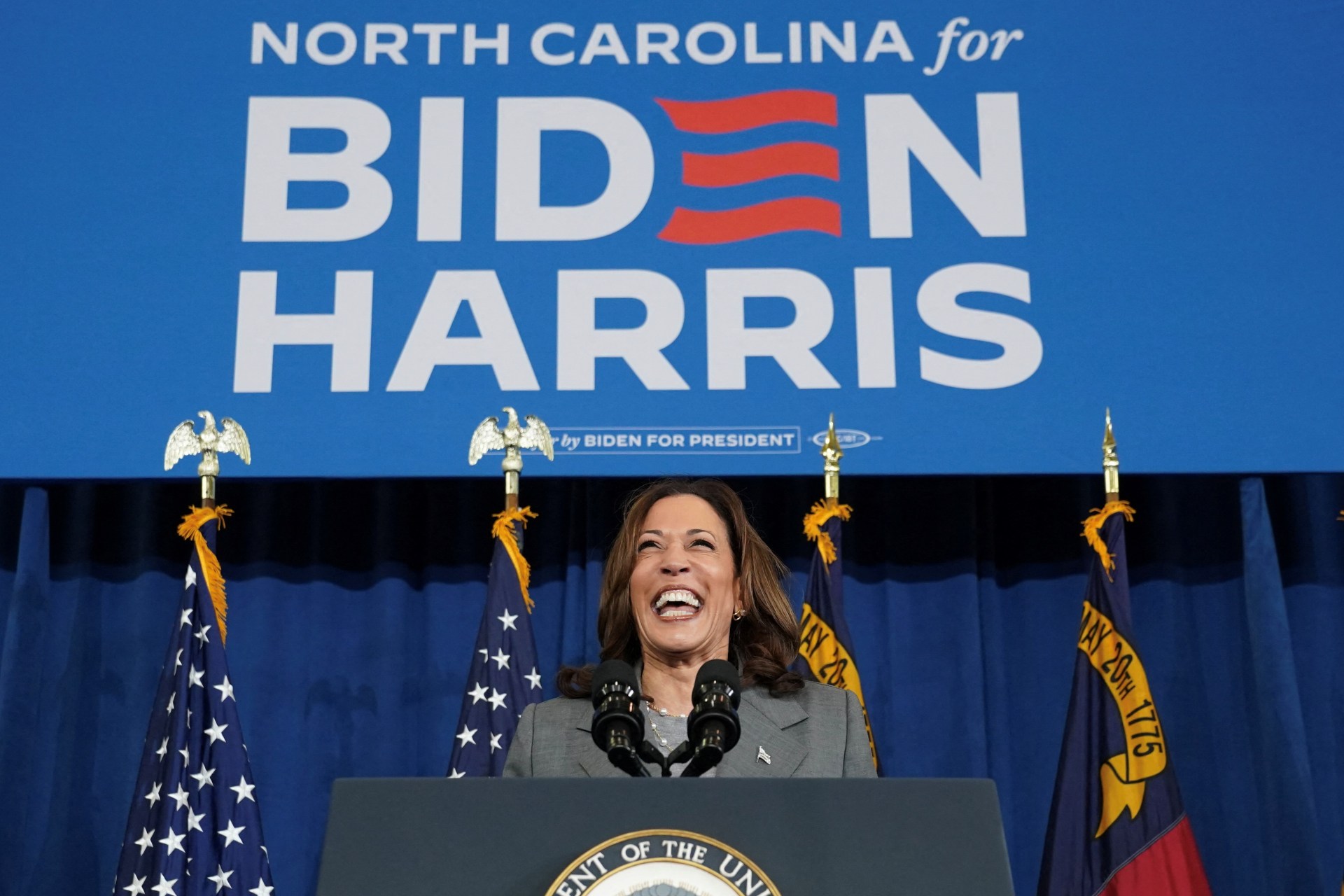 <p>U.S. Vice President Kamala Harris takes the stage to speak at a campaign event in Greensboro, North Carolina, U.S., July 11, 2024.  REUTERS/Kevin Lamarque</p>
