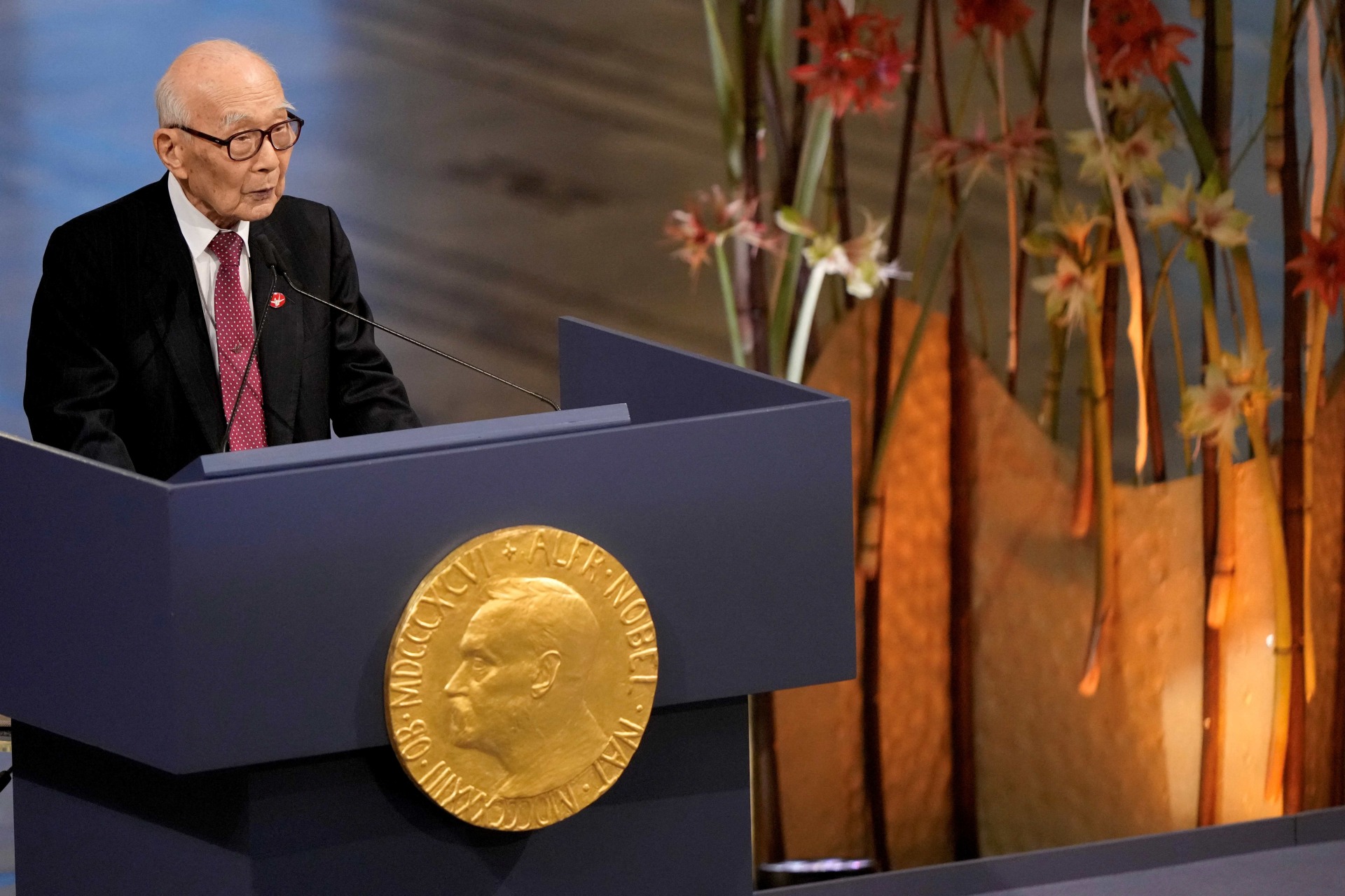 <p>One of the representatives of 2024 Nobel Peace Prize winner Nihon Hidankyo, Terumi Tanaka, speaks during the Nobel Peace Prize awarding ceremony in Oslo City Hall, in Oslo, Norway December 10, 2024. </p>
