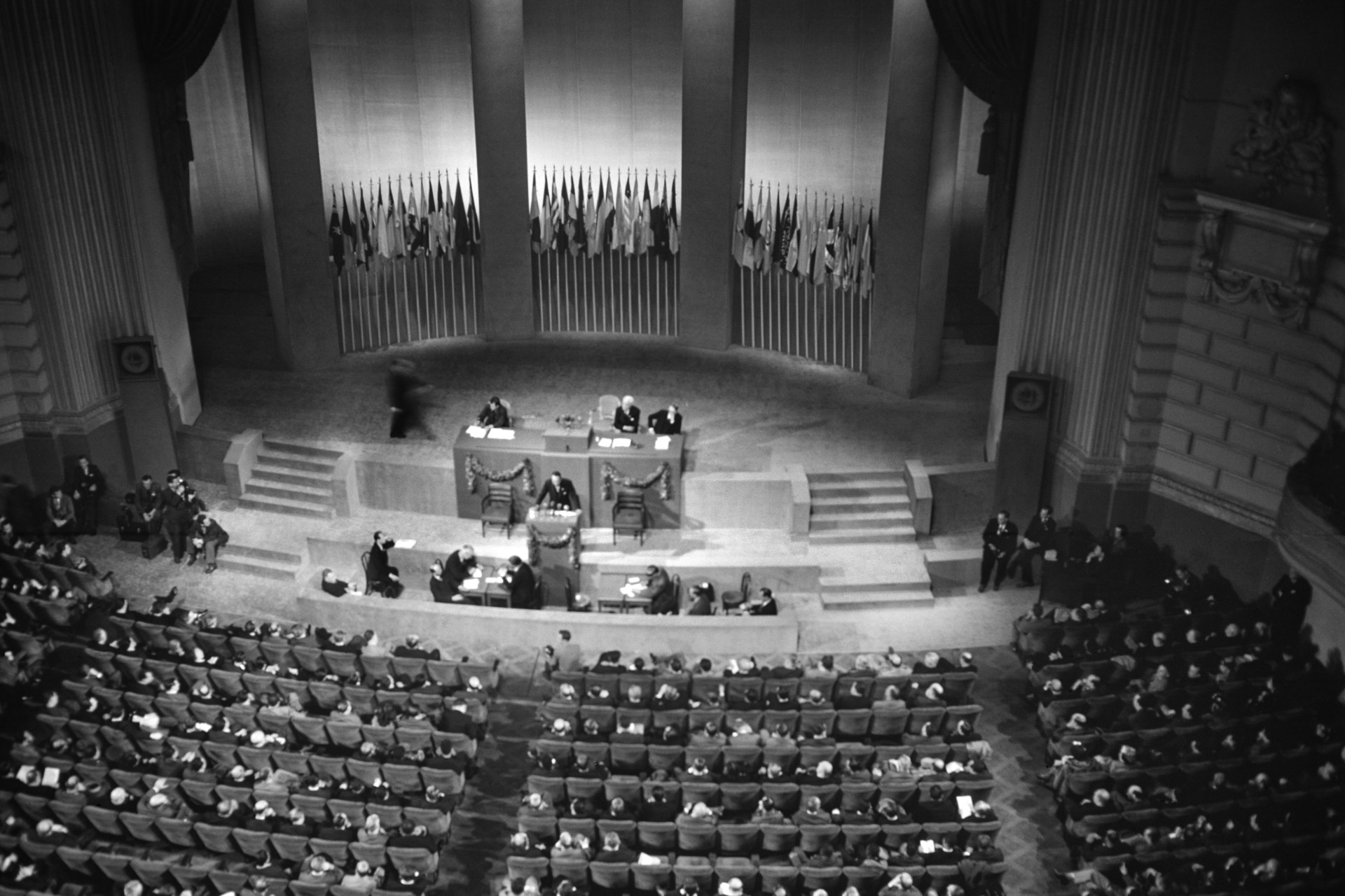 <p>Delegates to the UN Charter Conference meet in San Francisco, CA, on June 26, 1945.</p>
