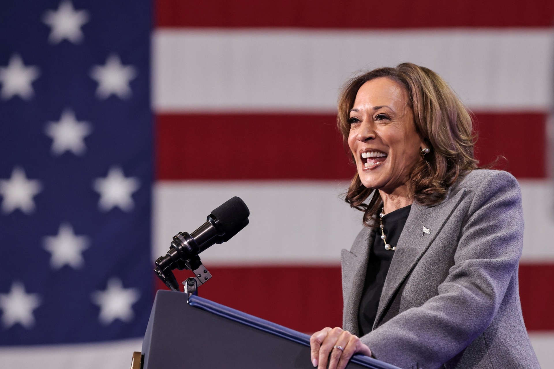 <p>Democratic presidential nominee U.S. Vice President Kamala Harris reacts as she speaks during a campaign event in Atlanta, Georgia, U.S., October 19, 2024. </p>