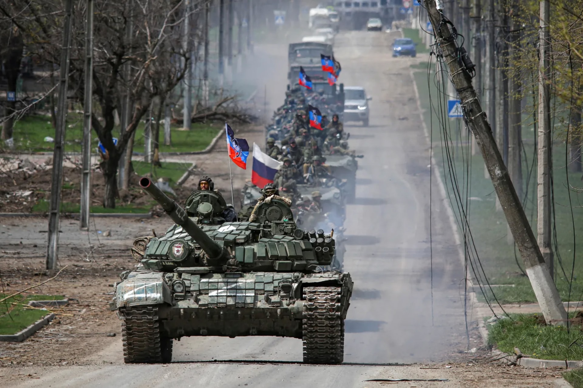 <p>Pro-Russian troops near Mariupol, Ukraine, April 2022</p>
