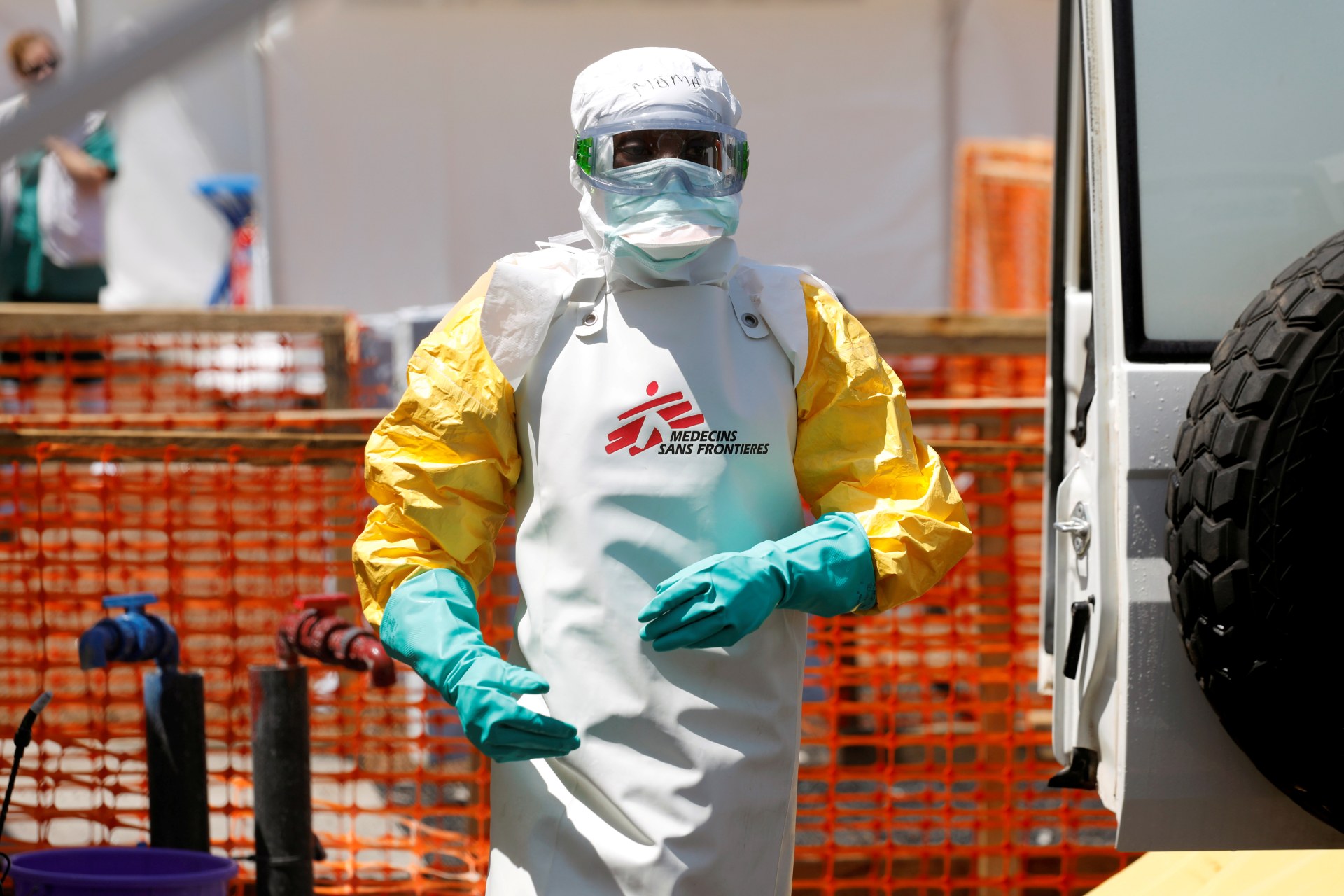 <p>[10:08 AM] Diana Schoder      A health worker disinfects an ambulance transporting a suspected Ebola patient to the Doctors Without Borders Ebola treatment center in Goma, Democratic Republic of Congo. Baz Ratner/Reuters [Ebola Health Worker.jpg] (https:/</p>
