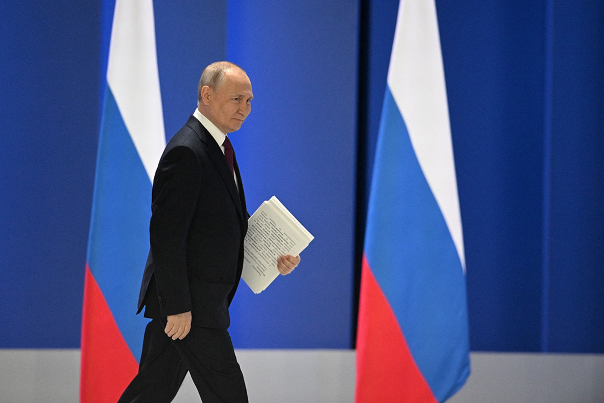 Russian President Vladimir Putin arrives to deliver his annual address to the Federal Assembly in Moscow, Russia February 21, 2023.