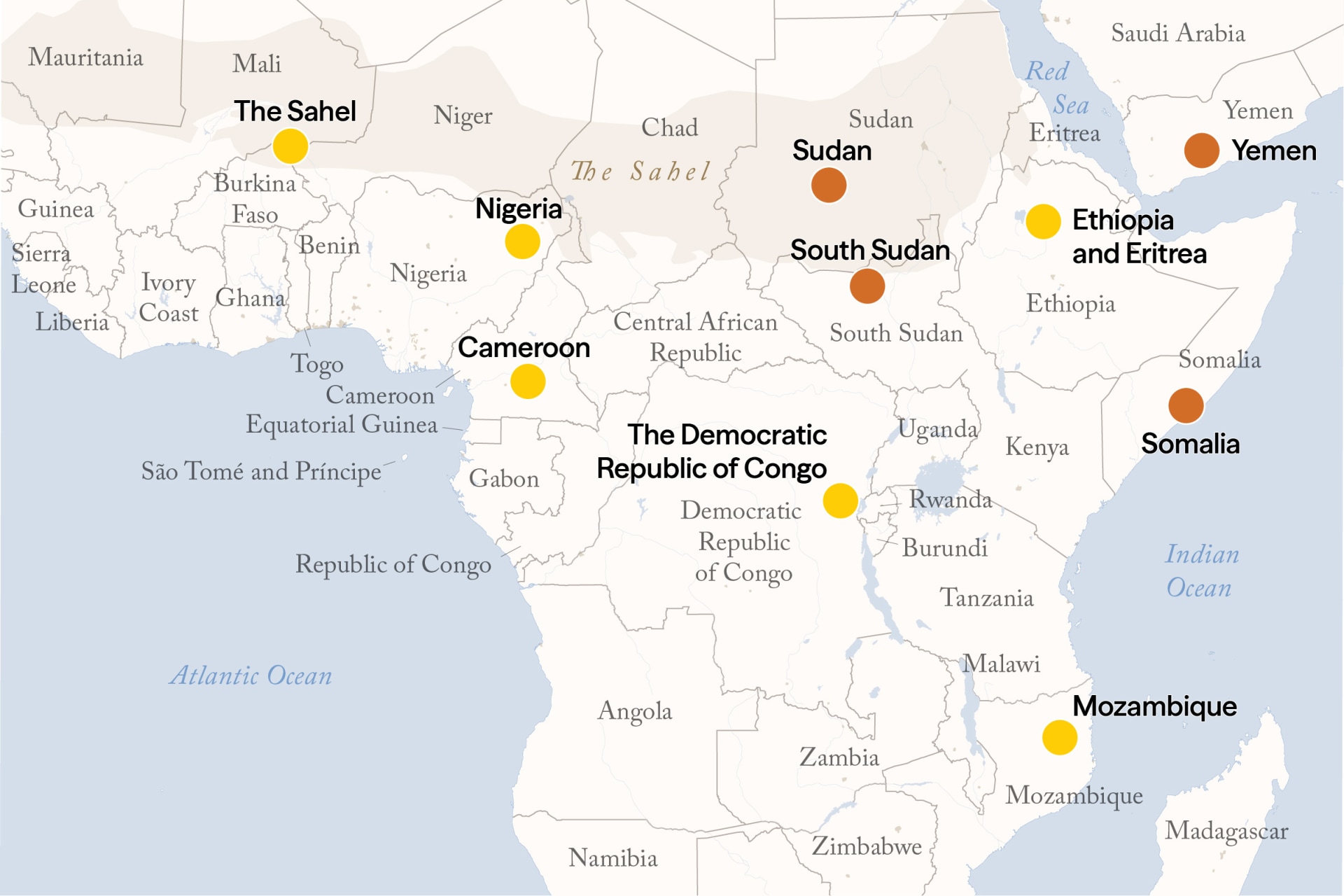 Map of the Sub-Saharan region in the Africa showing possible conflicts in 2026