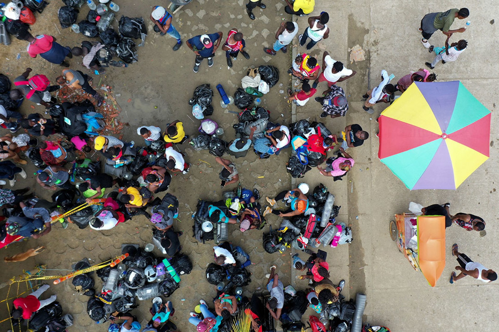 Aerial view of stranded migrants from Haiti at a makeshift camp in Necocli, Colombia.