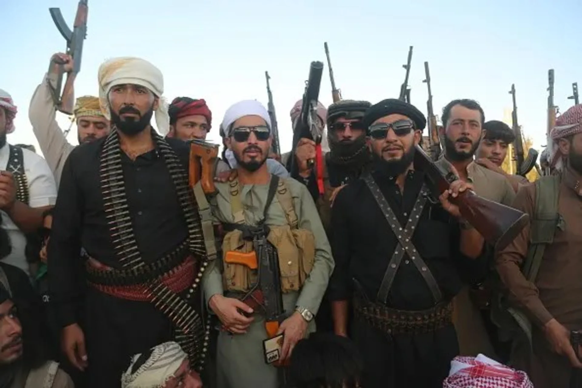 <p>Members of the Baggara tribe pose for a photo after announcing that the tribe has launched a fight against the Kurdistan Workers’ Party (PKK) and People’s Protection Units (YPG) in Tell Abyad, Syria, on August 14, 2025.</p>