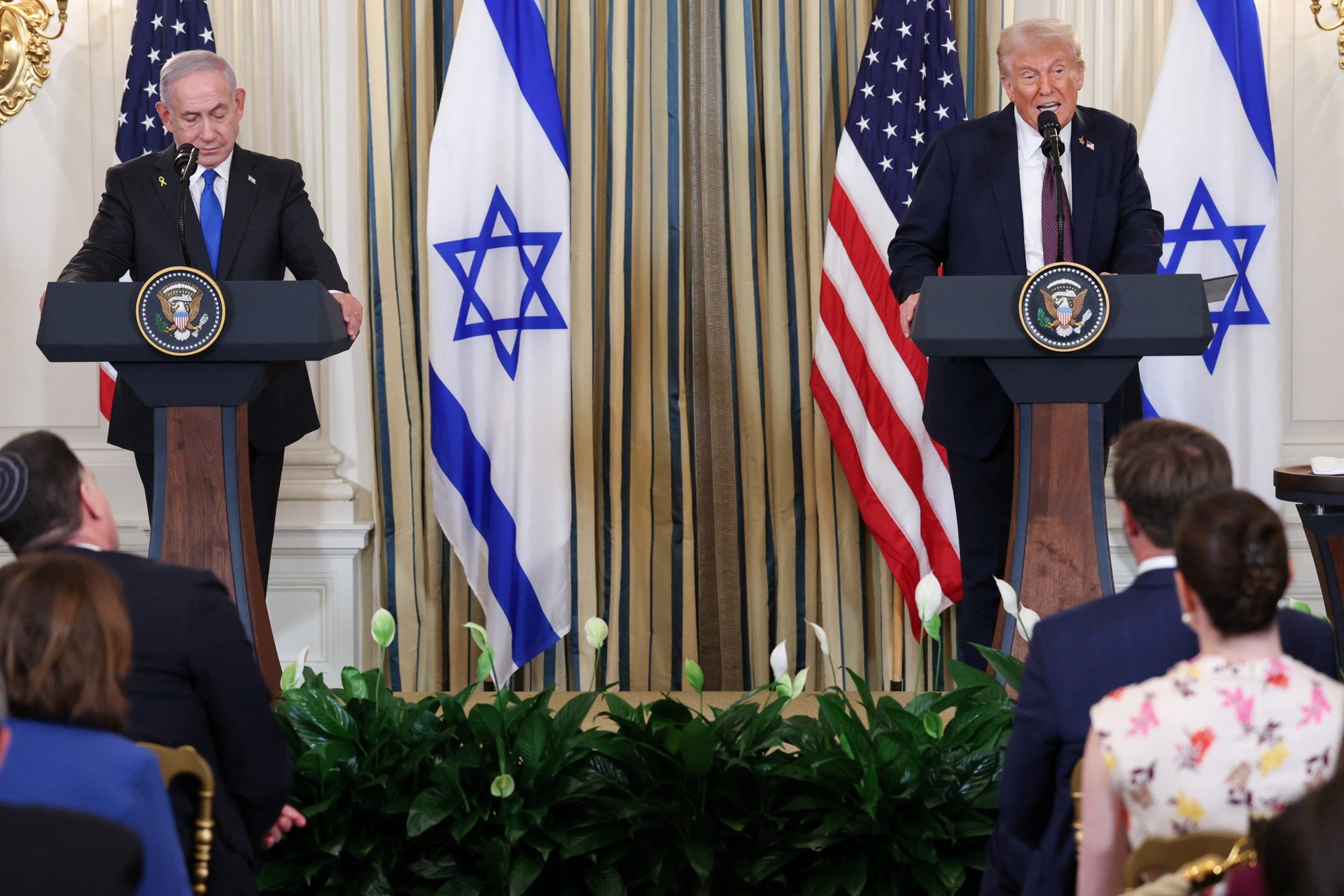U.S. President Donald Trump and Israeli Prime Minister Benjamin Netanyahu hold a joint press conference in the State Dining Room at the White House in Washington, D.C., U.S., September 29, 2025.