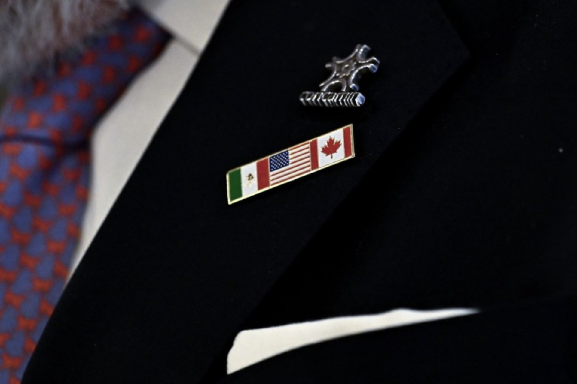 A lapel pin featuring the flags of Mexico, the United States, and Canada, is seen on the jacket of a speaker at the 2024 North American Manufacturing Conference, in Ottawa, on Wednesday, Nov. 20, 2024. THE CANADIAN PRESS/Justin Tang