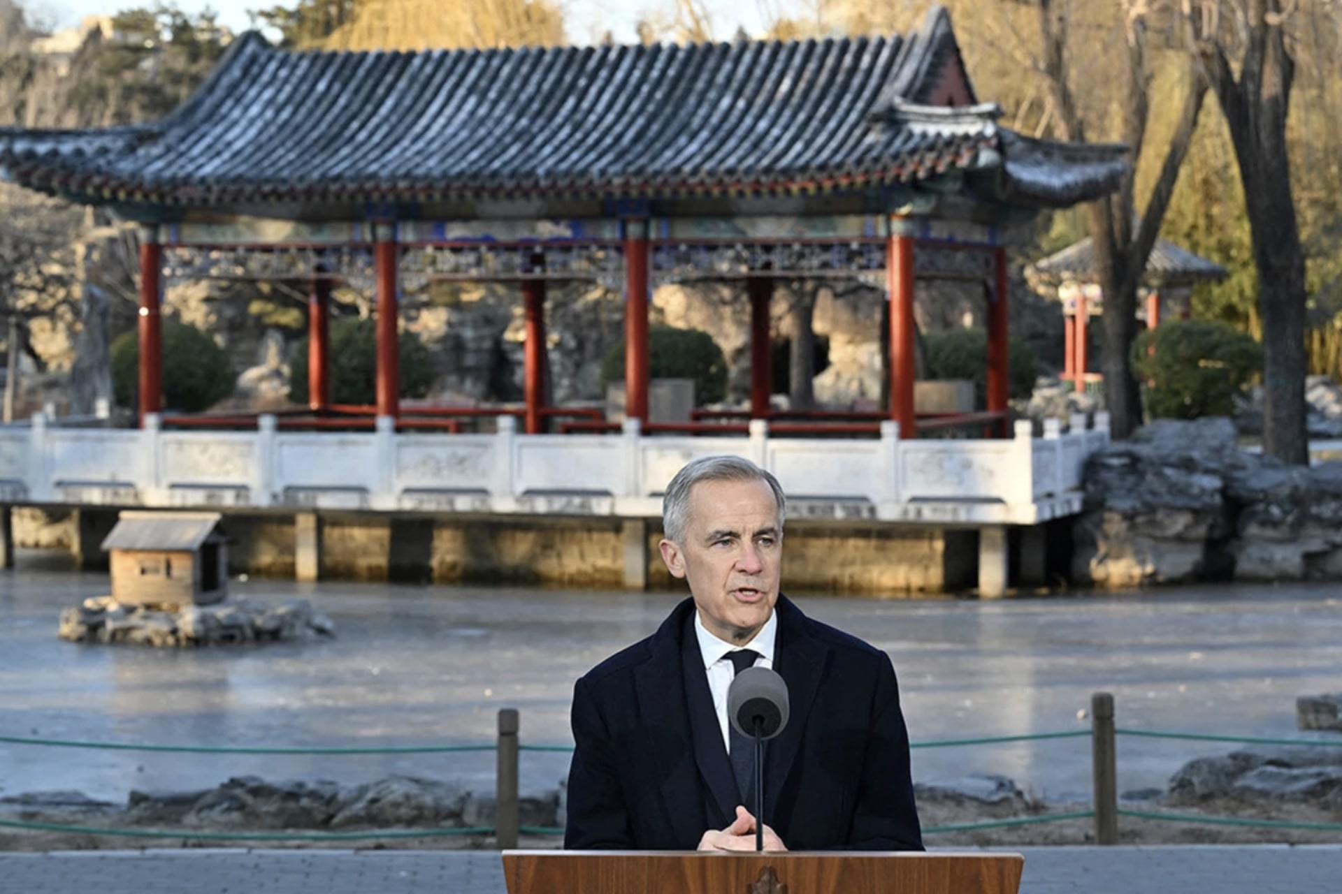 Canada's Prime Minister Mark Carney speaks during a press conference at Ritan Park in Beijing on Jan. 16, 2026. Adek Berry/AFP via Getty Images