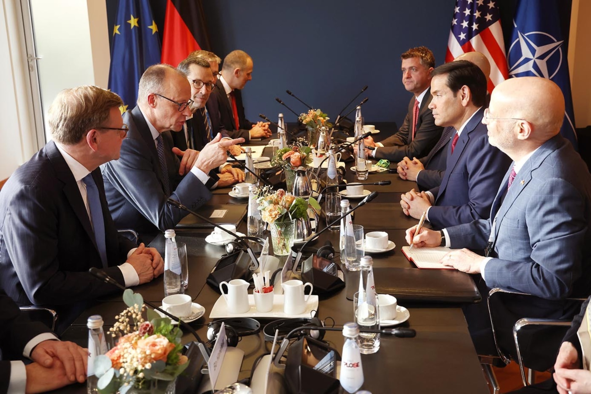 German Chancellor Friedrich Merz (2nd from L) gestures to U.S. Secretary of State Marco Rubio (2nd from R) as German Foreign Minister Johann Wadephul (L) looks on during a bilateral meeting at the 62nd Munich Security Conference on February 13, 2026 in Munich, Germany.