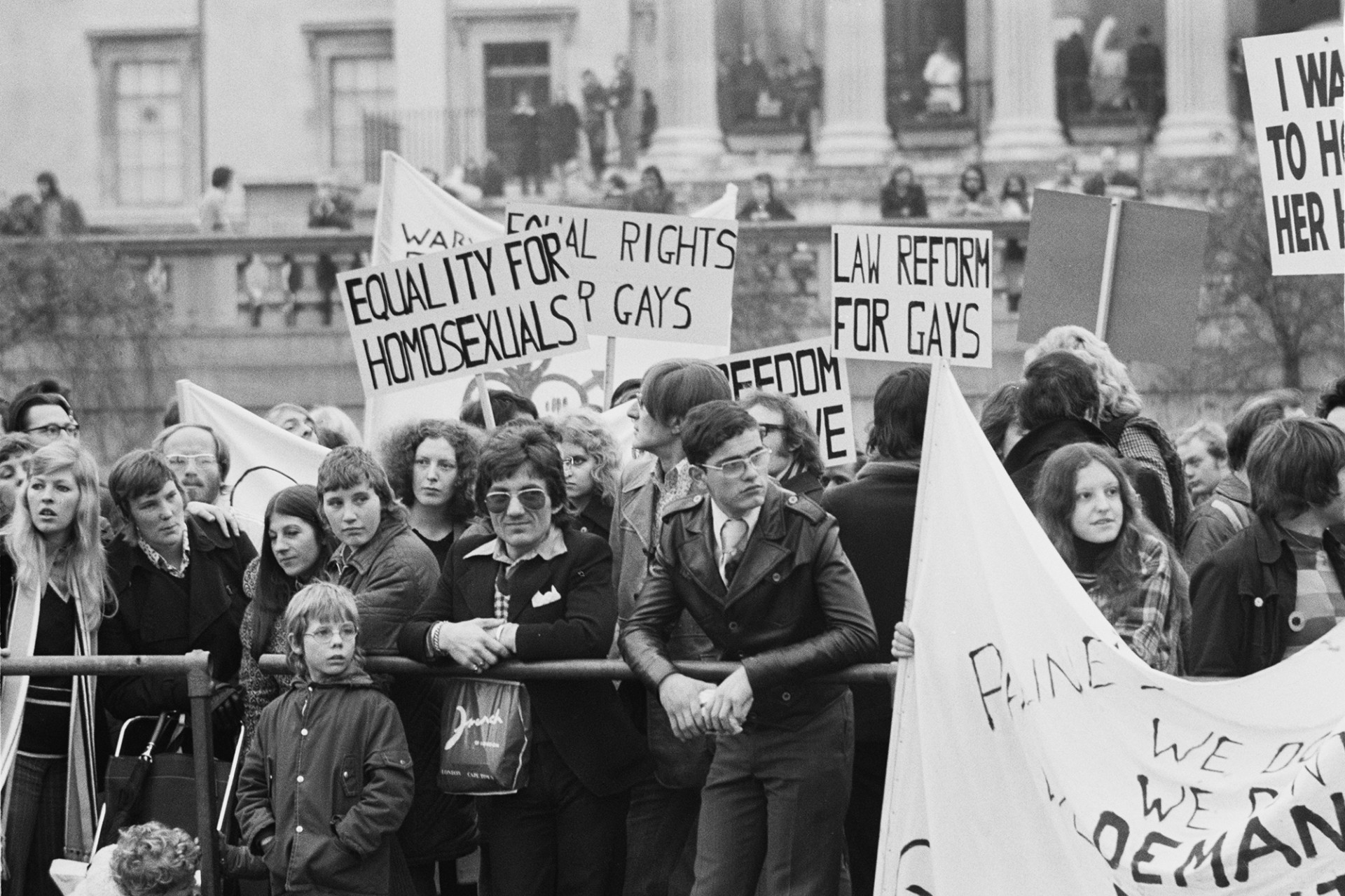<p>LONDON: Demonstrators attend a Trafalgar Square rally organized by the Campaign for Homosexual Equality, on November 2, 1974.</p>
