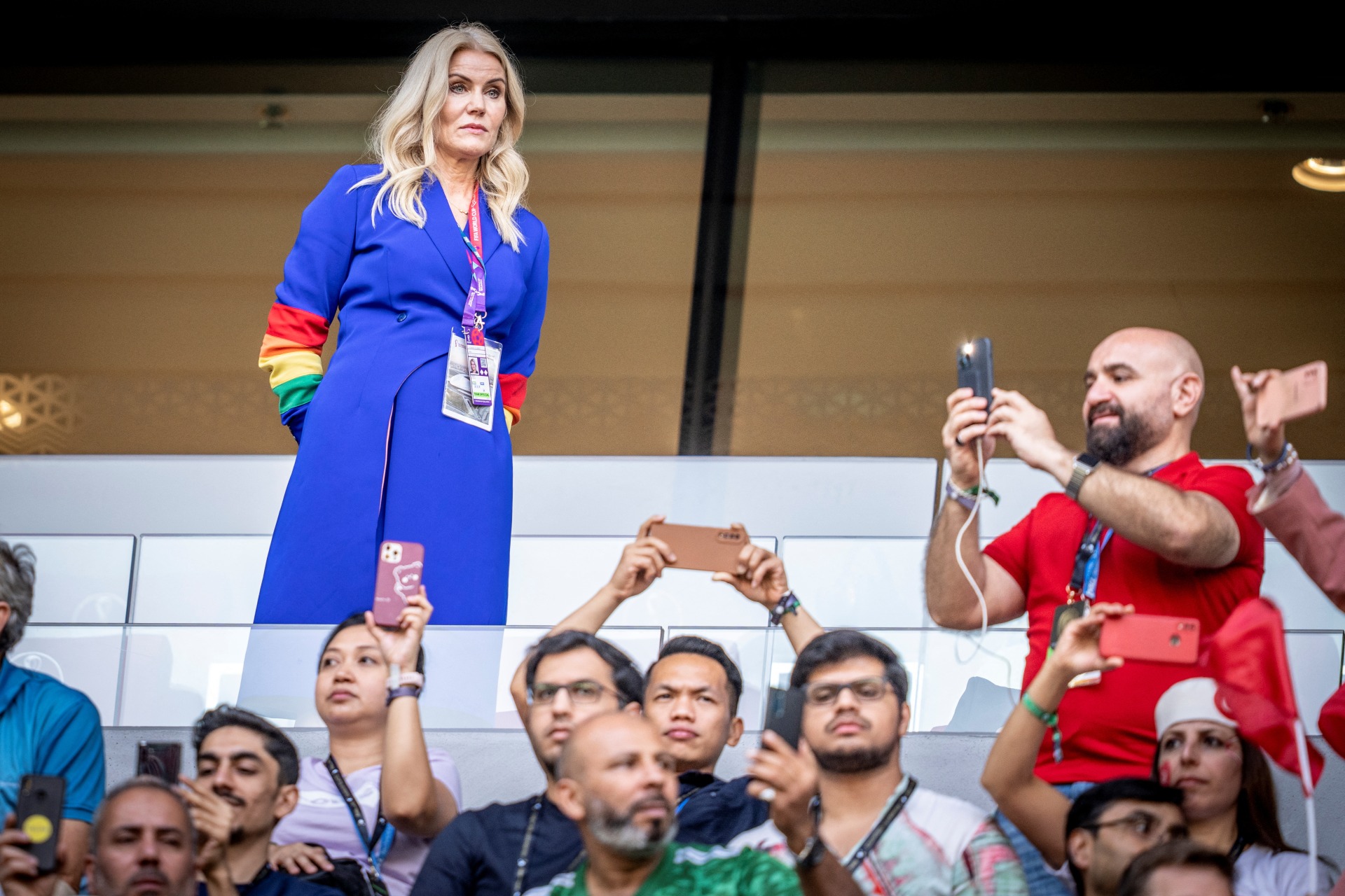 <p>DOHA, QATAR: Former Danish Prime Minister Helle Thorning-Schmidt wears the rainbow-colored armband, representing the LGBTQ+ community, before a FIFA World Cup match, on November 22, 2022.</p>
