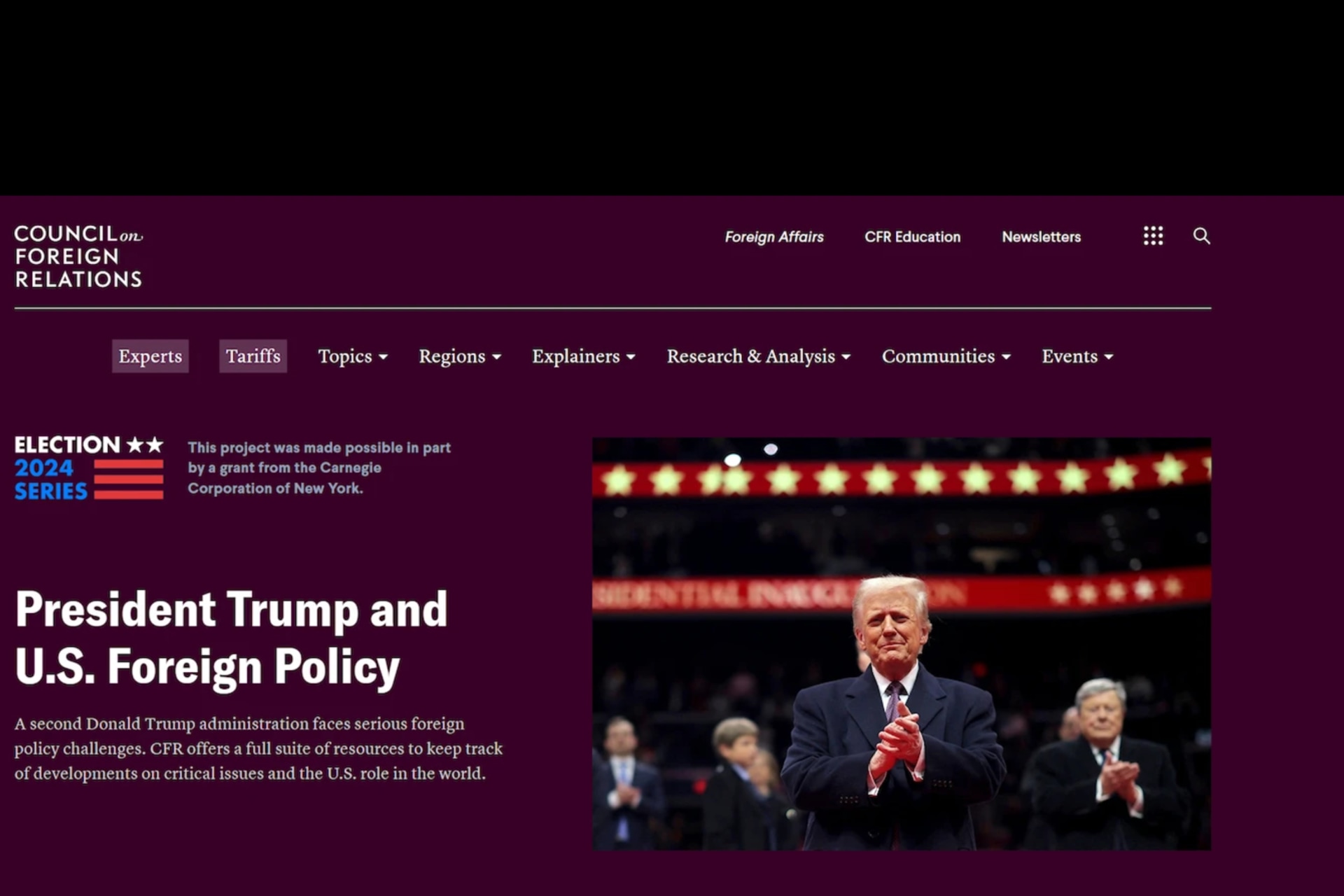 <p>The landing page of the Election 2024 hub created by CFR Digital, which featured candidate position trackers on ten issues, quick-turn pieces on major developments, and resource guides for university forums in battleground states.</p>