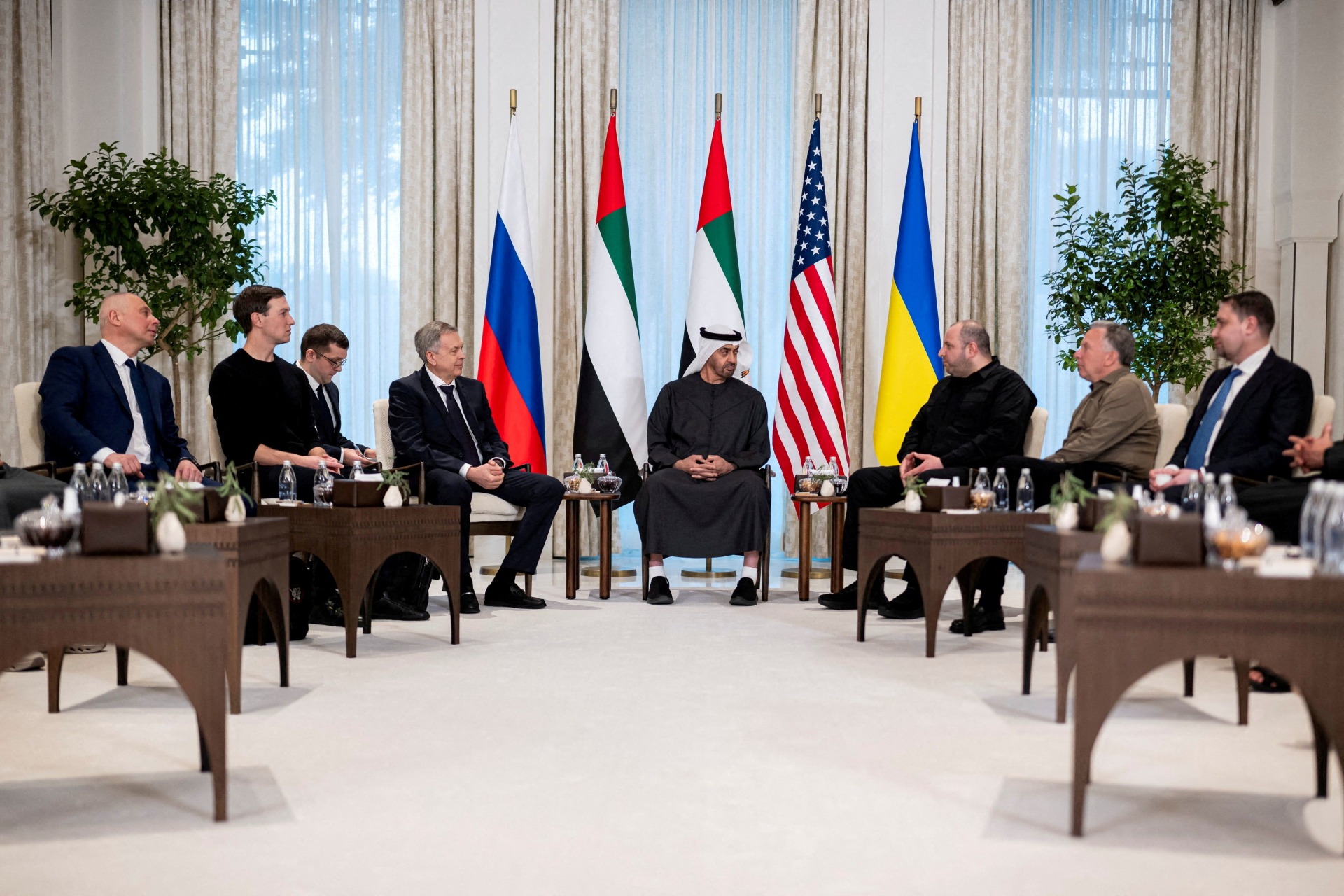 President of the United Arab Emirates Sheikh Mohamed bin Zayed Al Nahyan receives the heads of delegations participating in trilateral talks between the United States, Russia, and Ukraine in Abu Dhabi, United Arab Emirates.