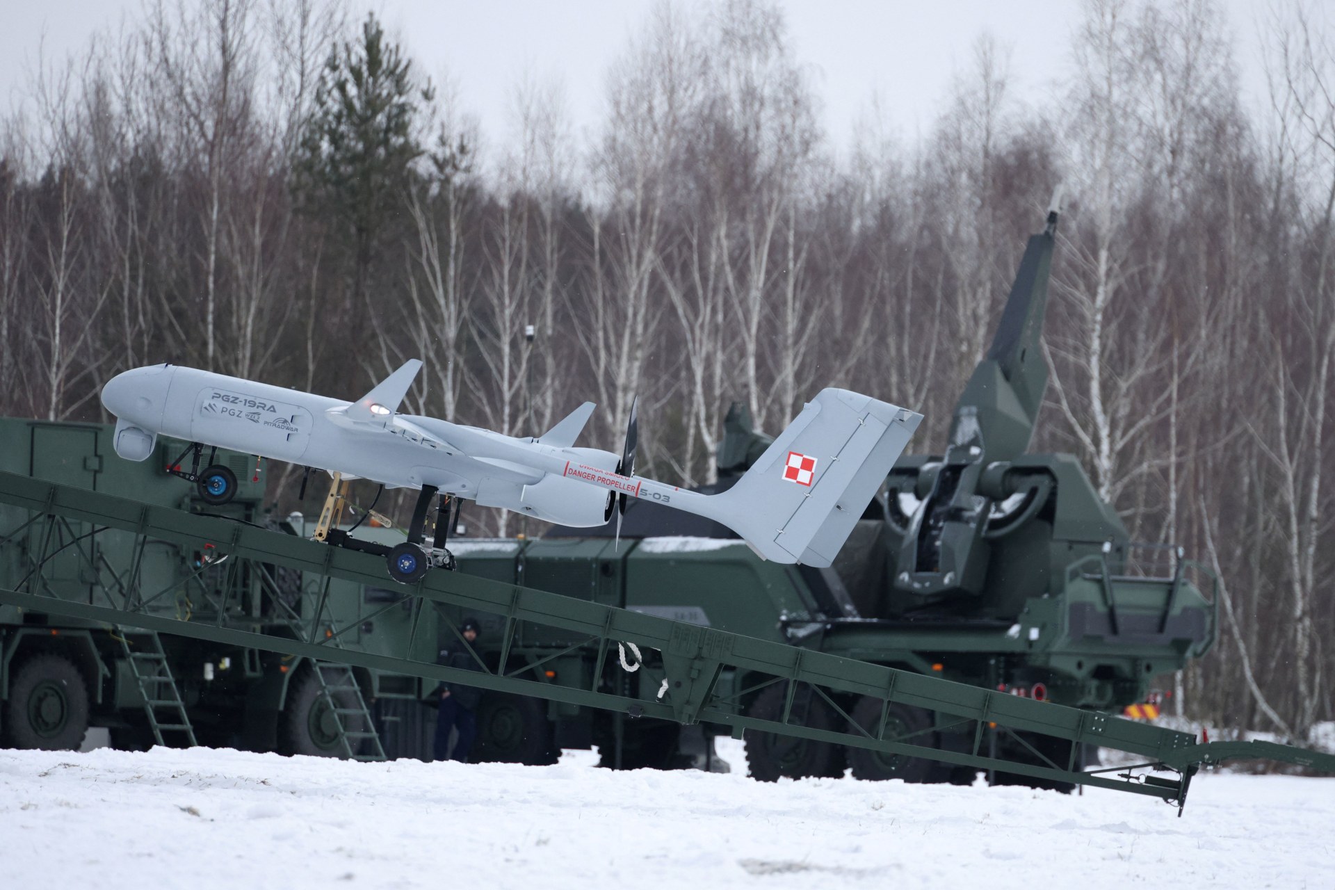 A Polish unmanned aerial vehicle is displayed during an open test conducted by the Polish Armaments Group in Zielonka, Poland.
