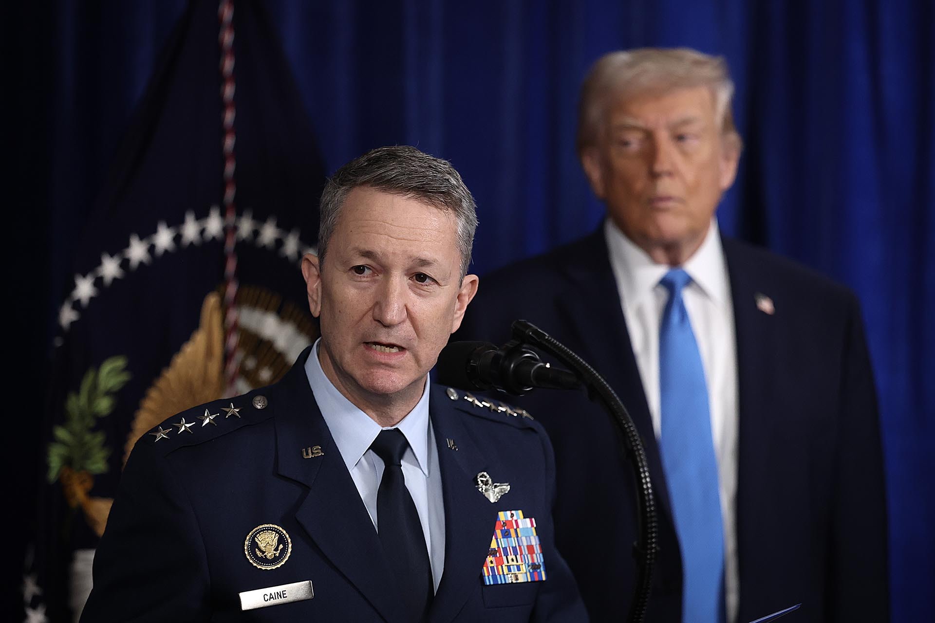 Chairman of the Joint Chiefs of Staff Dan Caine speaks during a press conference with U.S. President Donald Trump at Mar-a-Lago club on January 03, 2026, in Palm Beach, Florida.