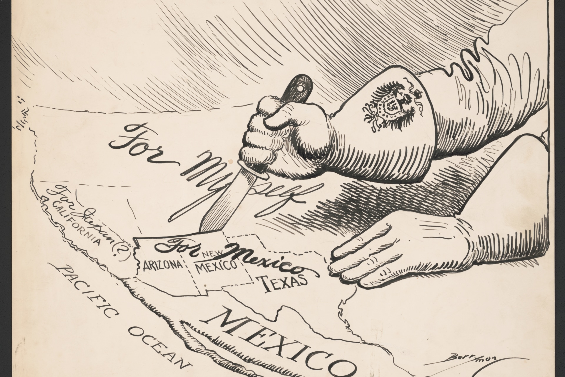 <p>Cartoon in reaction to the Zimmermann Telegram published in The Evening Star, March 4, 1917 in Washington D.C.</p>
