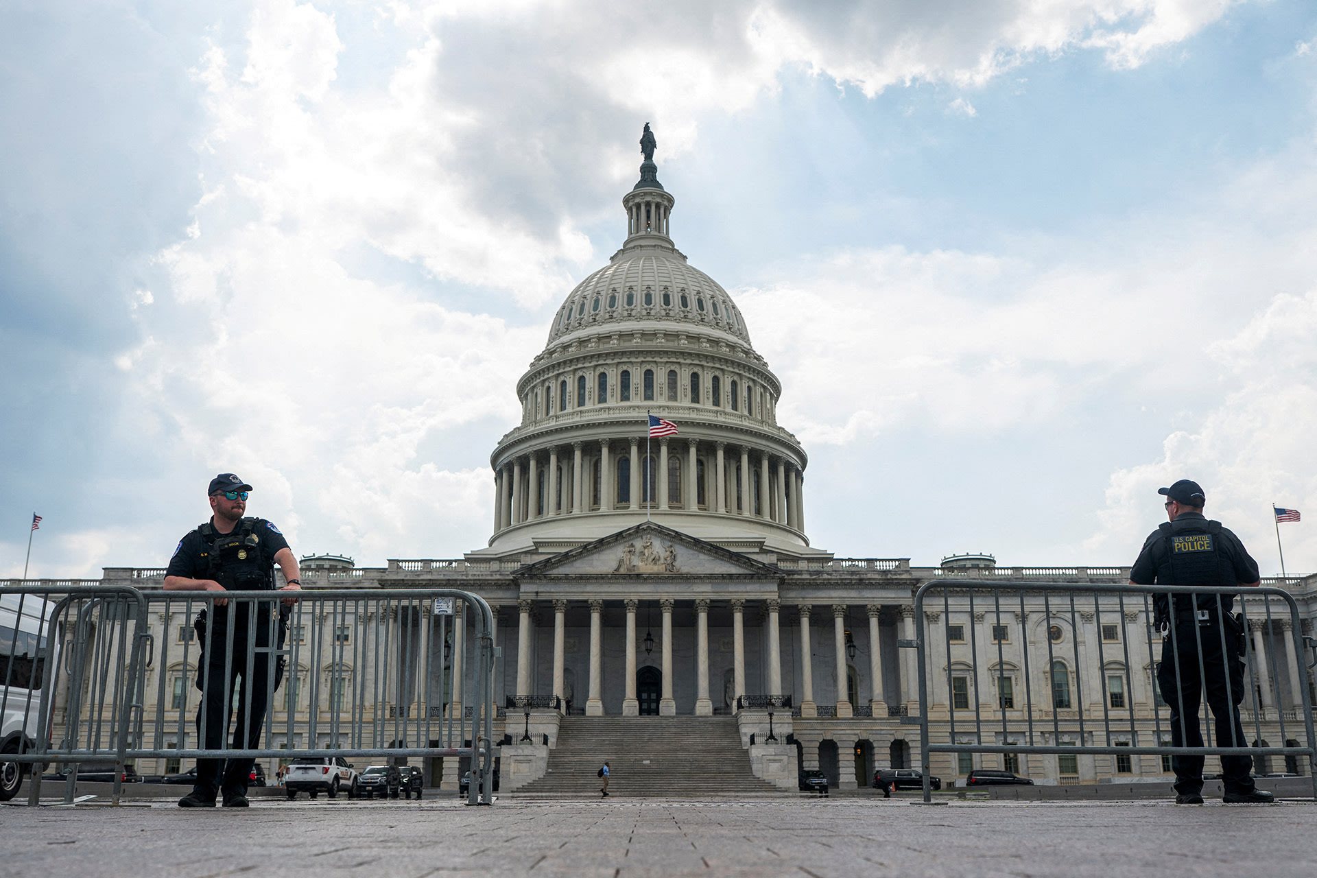 Members of the U.S. Capitol Police guard a check point near the U.S. Capitol after the Department of Homeland Security issued a National Terrorism Advisory System (NTAS) bulletin following the weekend missile strikes on three Iranian nuclear sites, in Washington, D.C., on June 25, 2025.