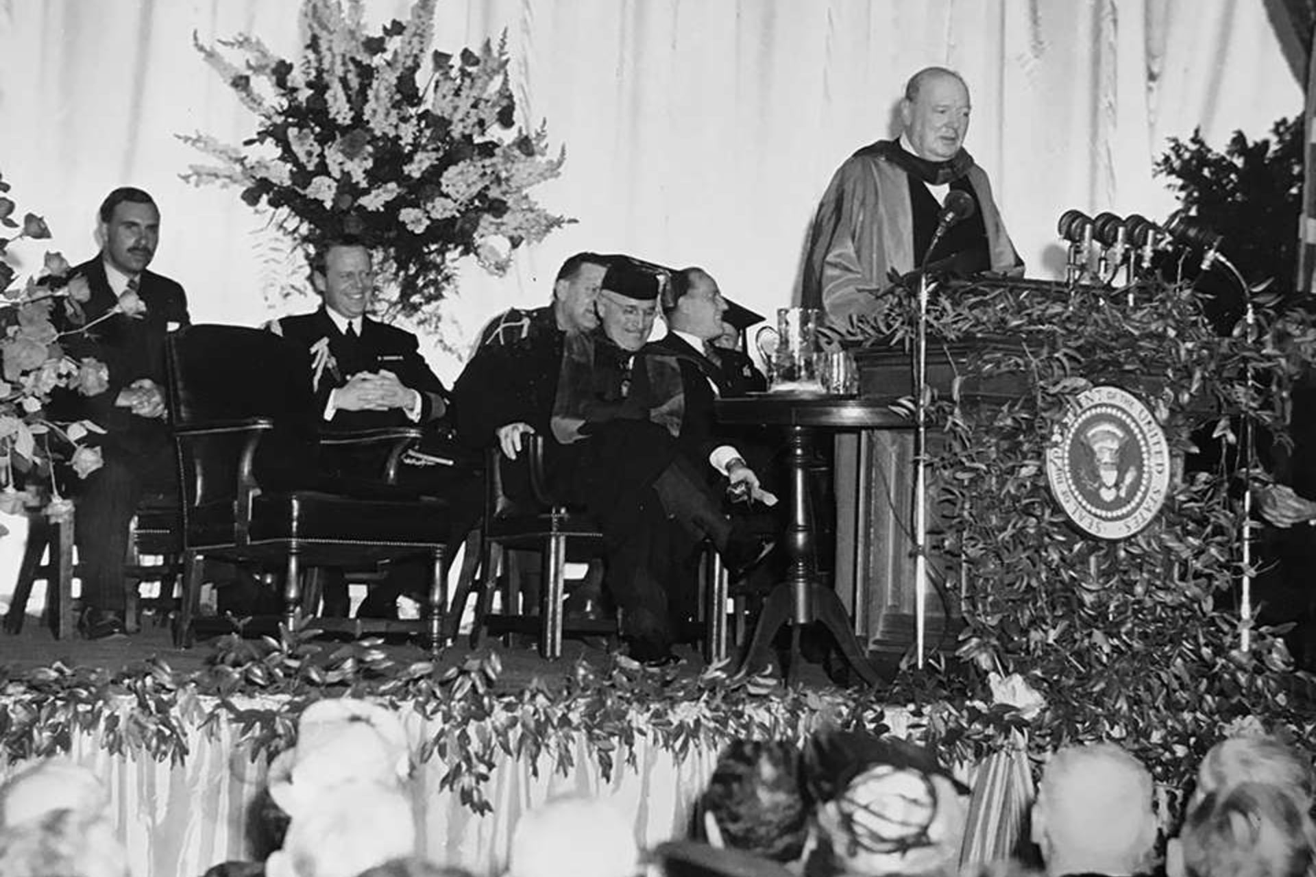 <p>Winston Churchill prepares to deliver his “Iron Curtain” speech at Westminster College, March 5, 1946.</p>