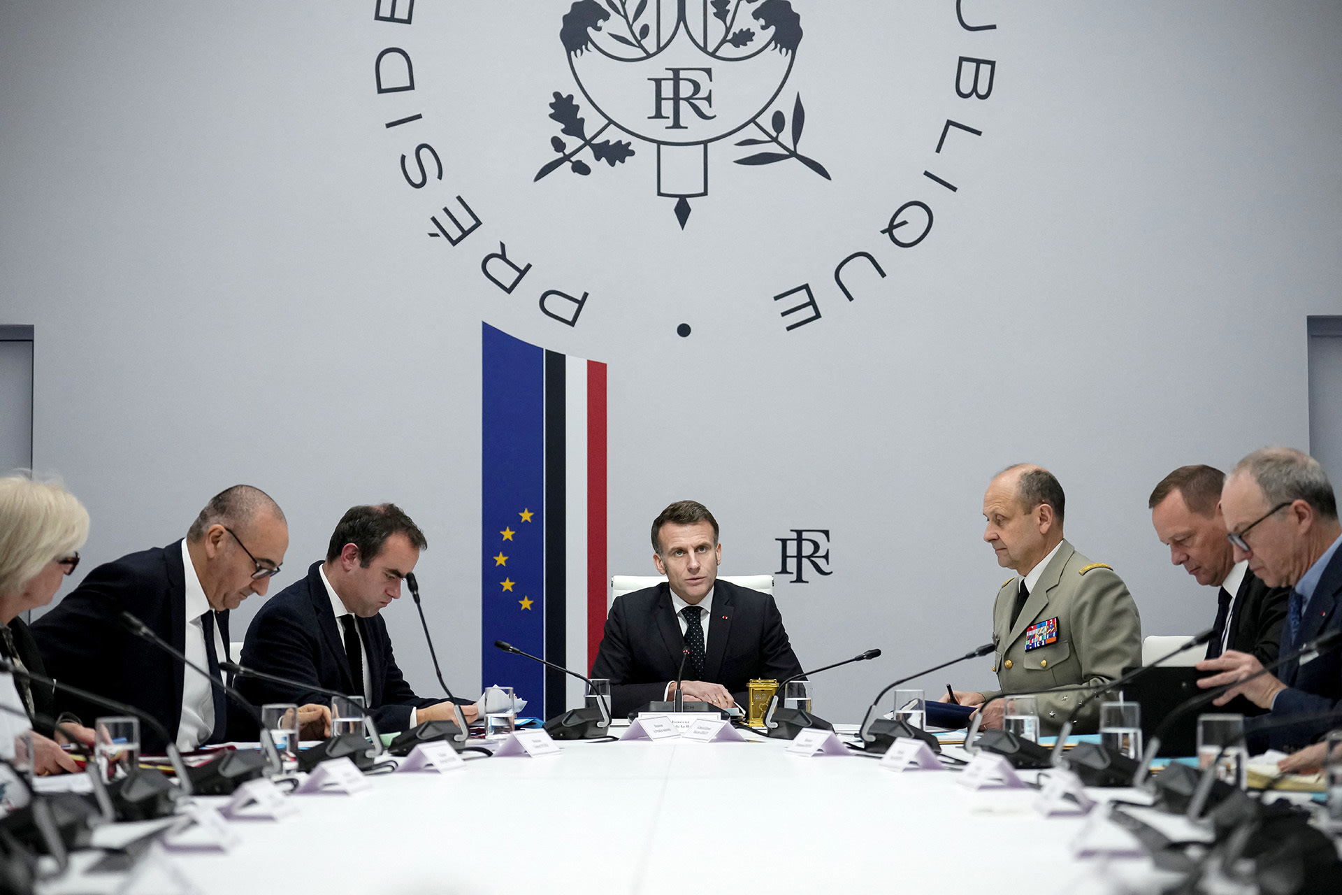 France's President Emmanuel Macron speaks during a national defense council meeting, following U.S. and Israeli strikes on Iran, at the Elysee Palace, in Paris, France, on March 1, 2026.