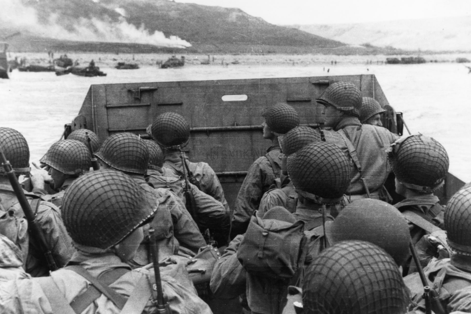 Troops in a landing craft approaching "Omaha" Beach on "D-Day" on June 6, 1944.
