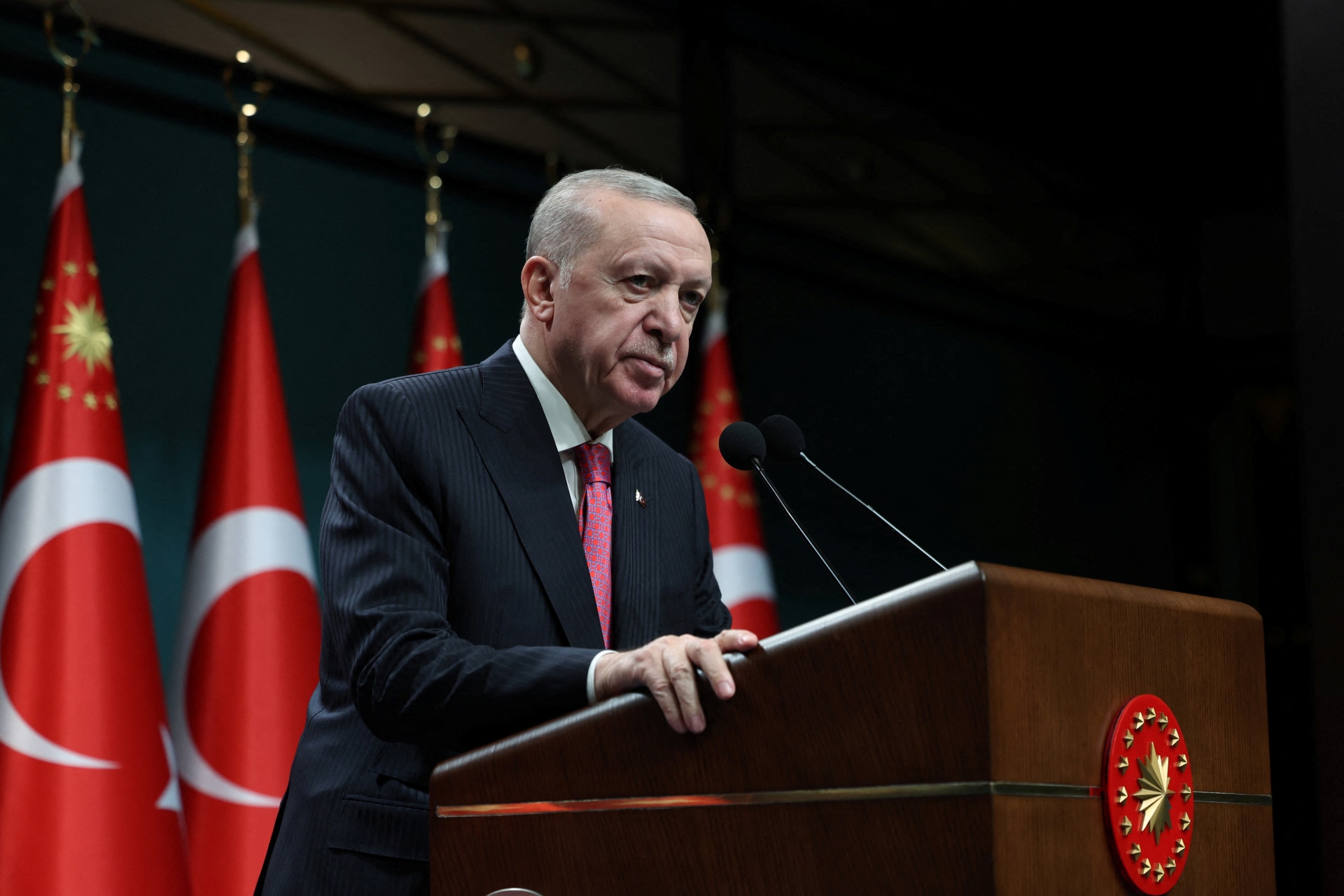 Turkish President Erdogan speaks after a cabinet meeting in Ankara