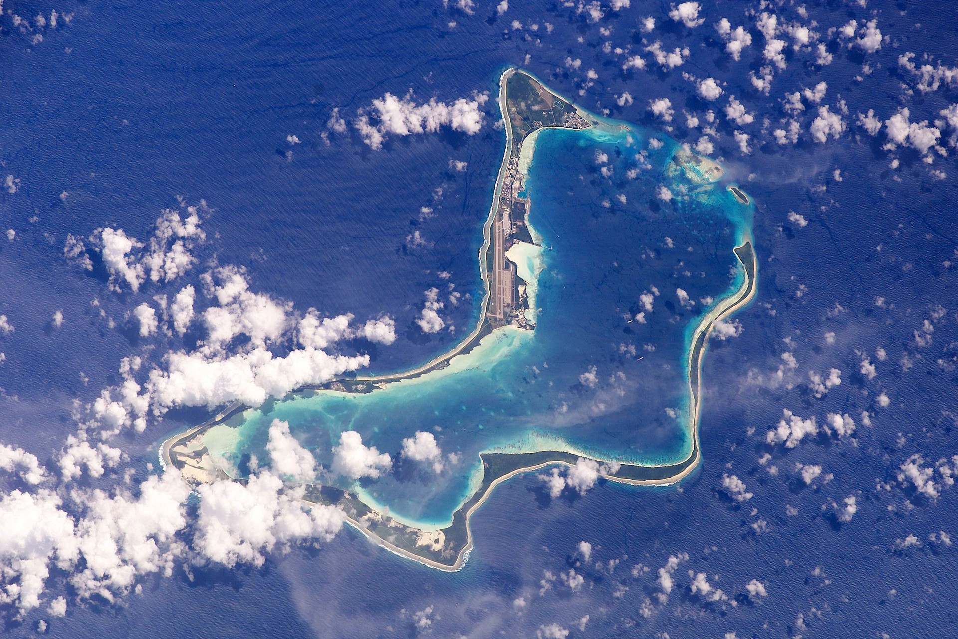 Aerial imagery shows an overview of Diego Garcia, an island in the Indian Ocean.