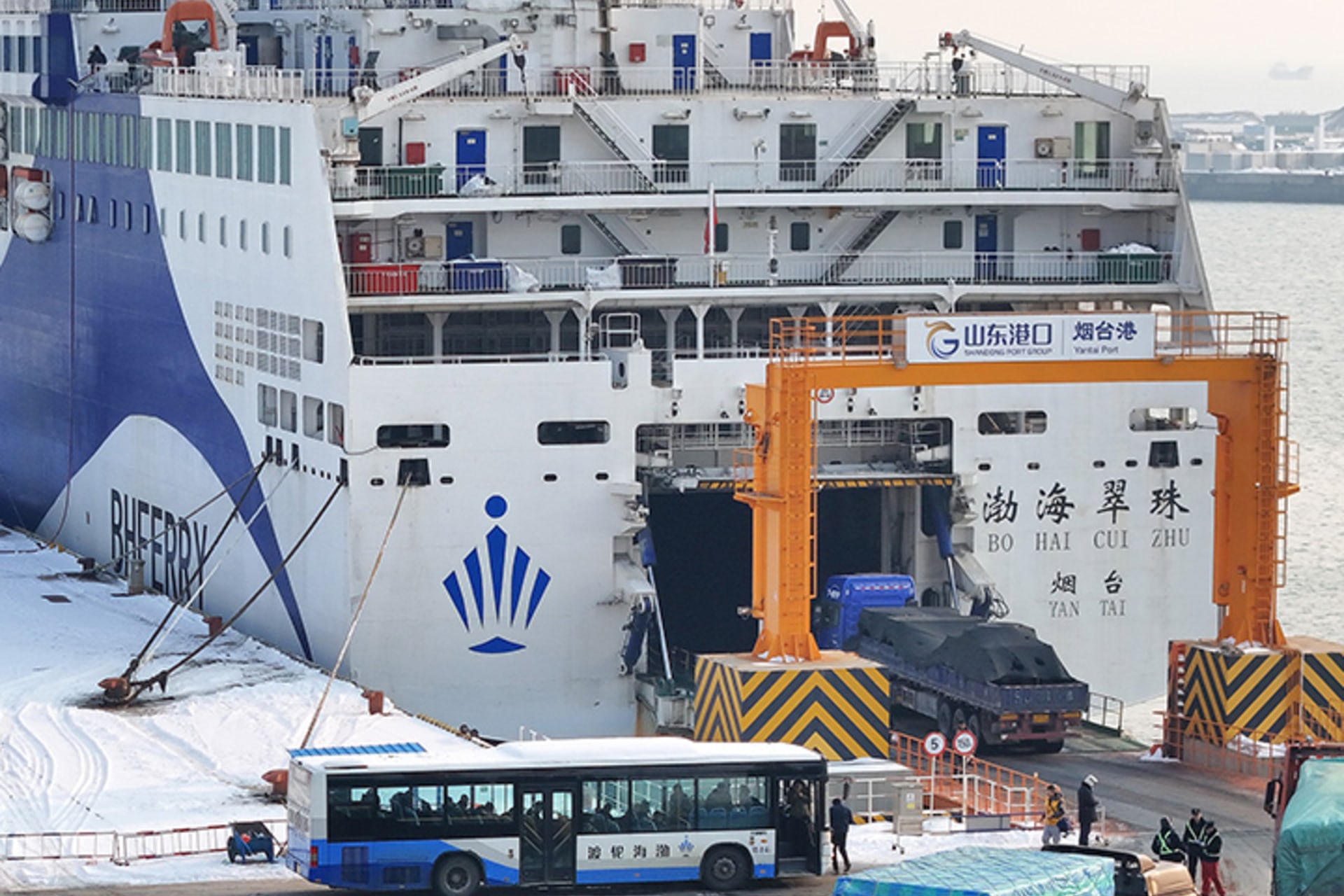 Vehicles are crossing the Bohai Strait and entering a Chinese passenger roll-on/roll-off ship