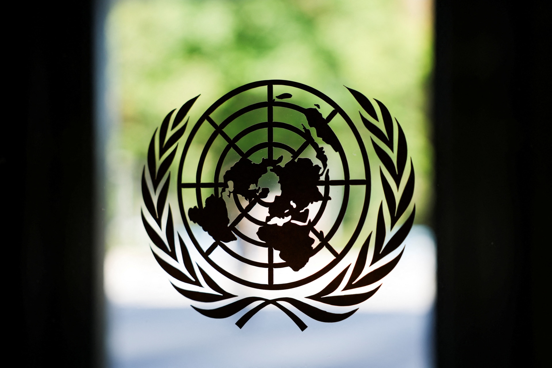 The United Nations logo adorns a window at U.N. headquarters in New York City, U.S., September 18, 2025.