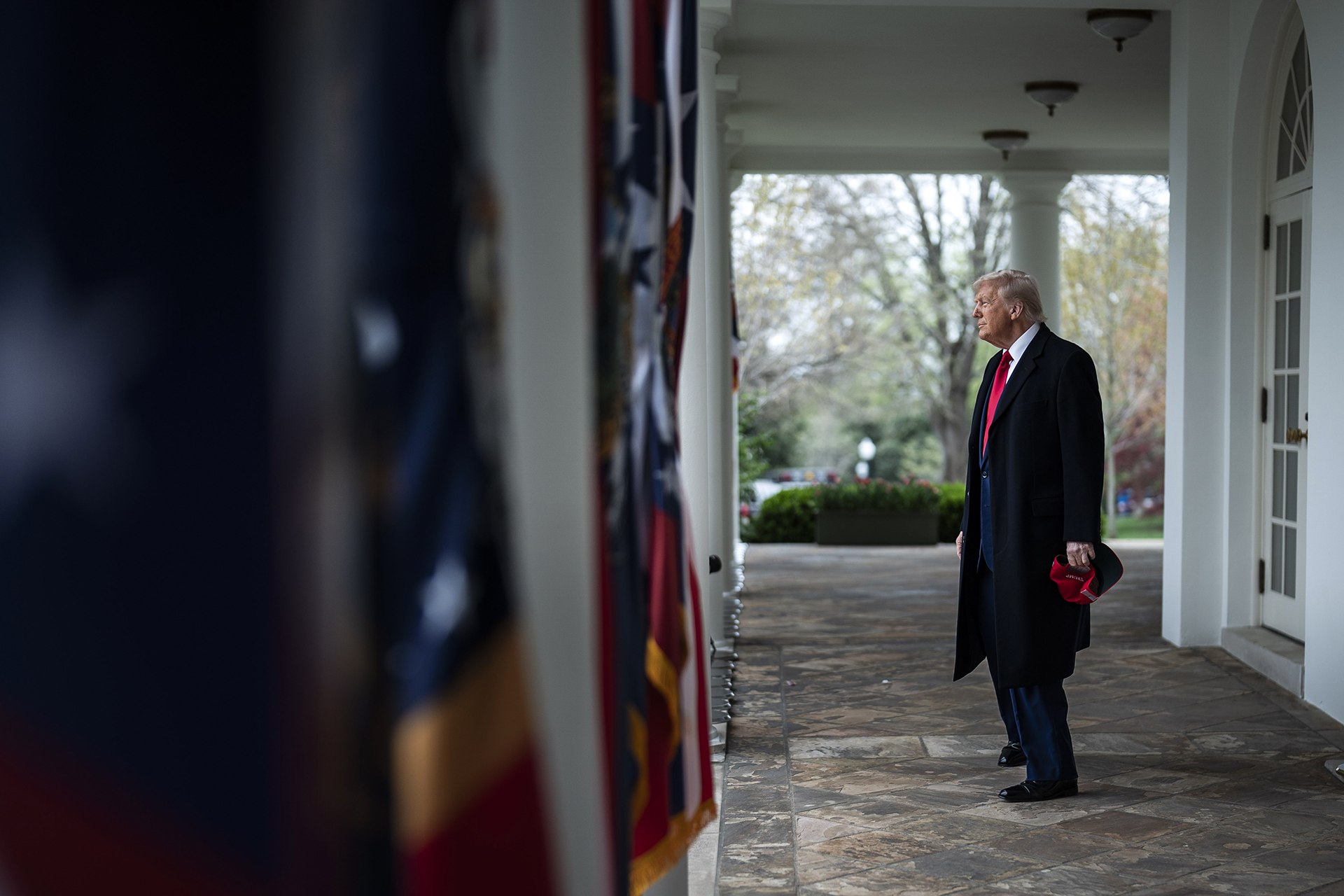 Image of President Trump about to walk onto the Rose Garden.