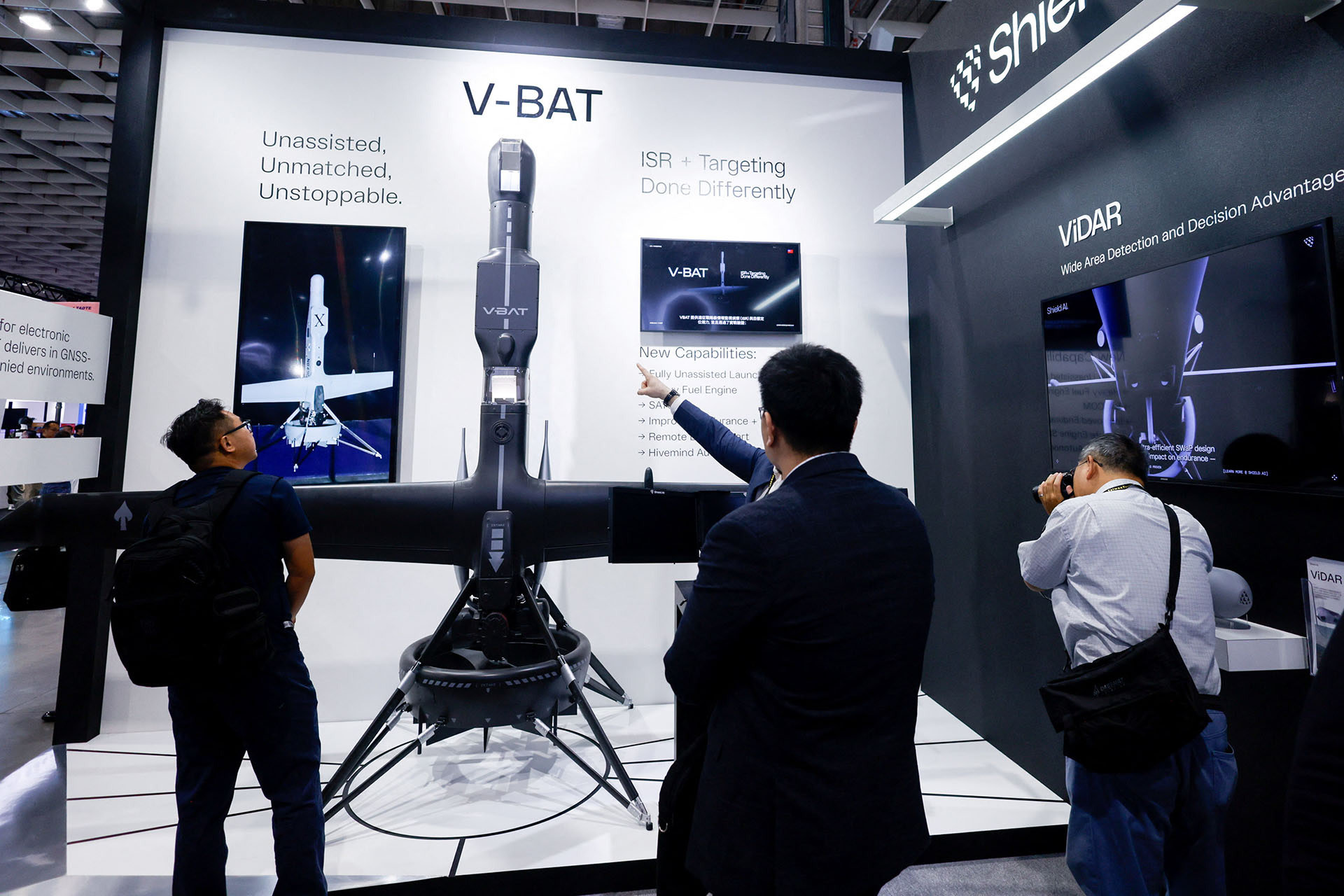 <p>Visitors look at Shield AI’s V-BAT unmanned aerial vehicle on display during the Taipei Aerospace and Defence Technology Exhibition in Taipei, Taiwan, on September 18, 2025.</p>
