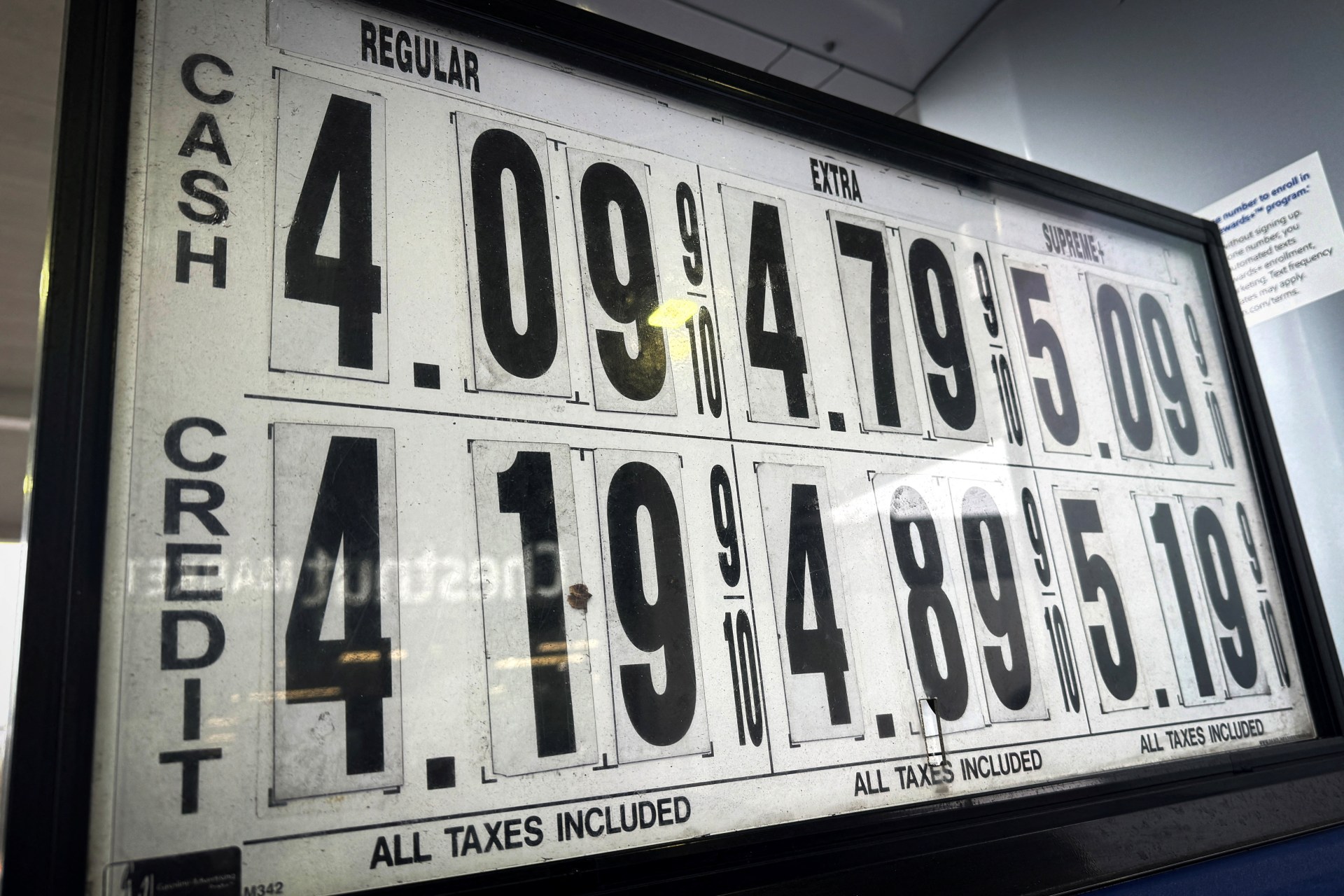 High gasoline prices are displayed at a Mobil gas station in Nanuet
