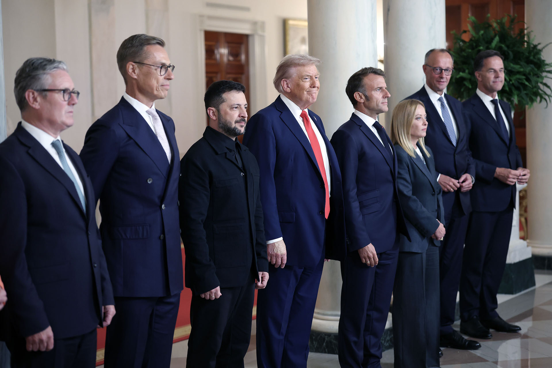 <p>U.S. President Donald Trump and Ukrainian President Volodymyr Zelensky pose for a picture with European leaders following a meeting in the Oval Office at the White House on August 18, 2025 in Washington, D.C.</p>
