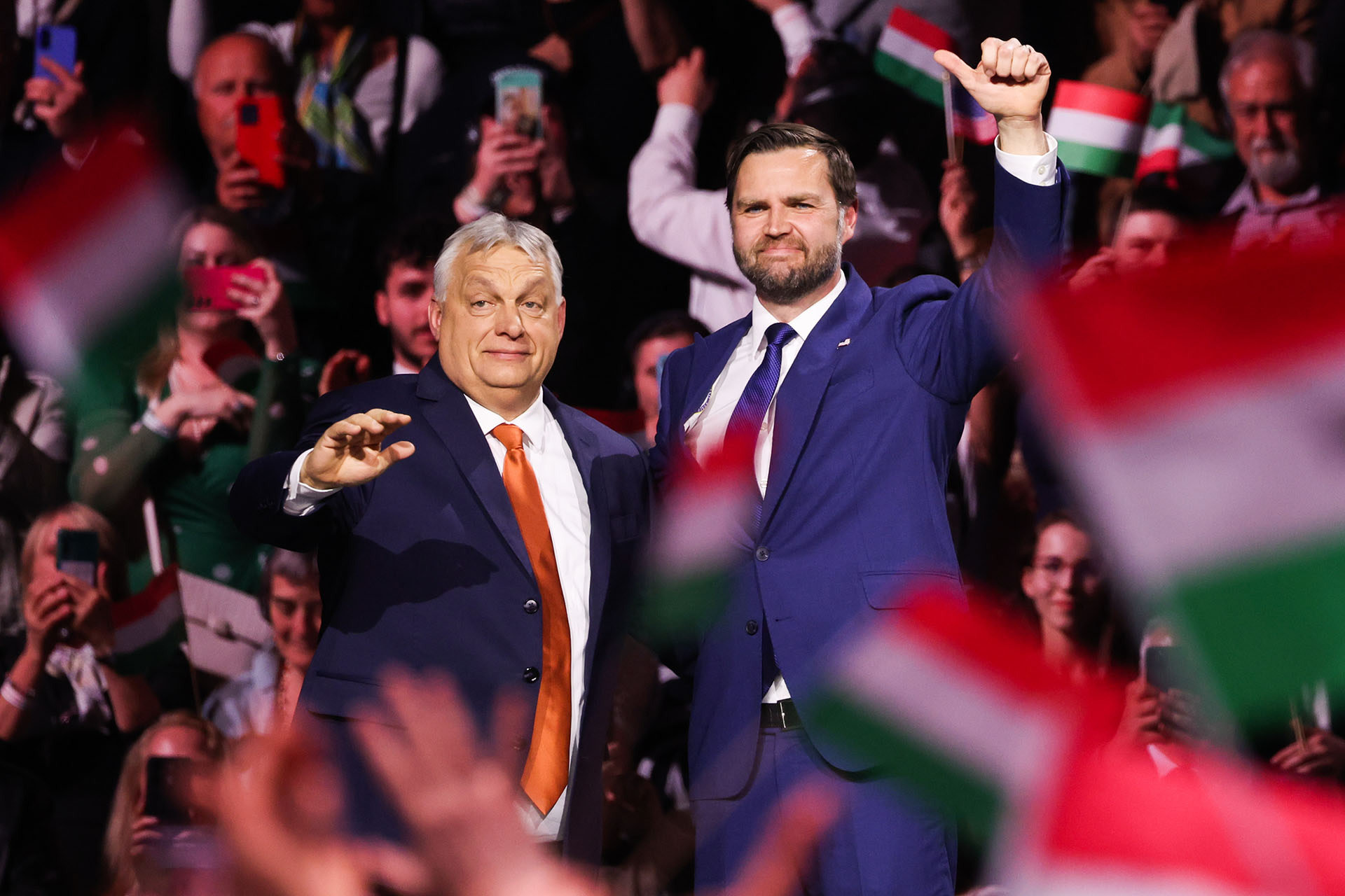 Hungarian Prime Minister Viktor Orban stands next to American Vice President JD Vance during an election rally in Budapest, Hungary on April 7, 2026.