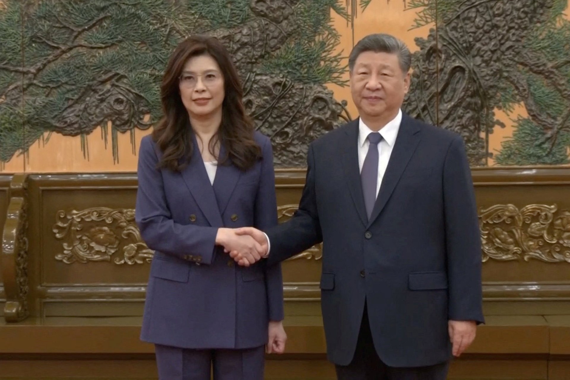 Cheng Li-wun, chairperson of the Kuomintang (KMT), Taiwan's largest opposition party, shakes hands with Chinese President Xi Jinping in Beijing