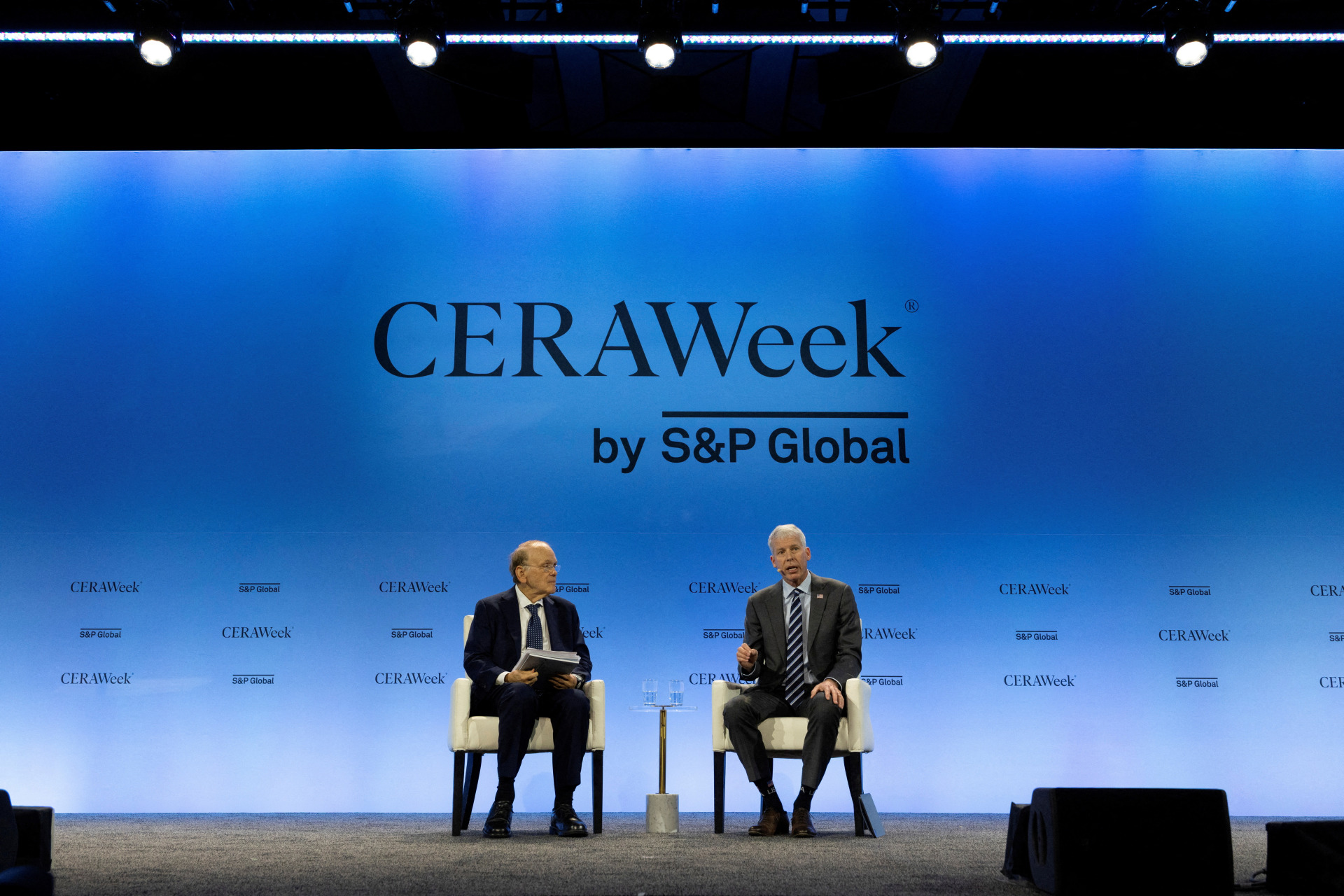 <p>FILE PHOTO: S&amp;P Global Vice Chairman Daniel Yergin talks with U.S. Energy Secretary Chris Wright at CERAWeek in Houston, Texas, U.S., March 10, 2025.</p>
