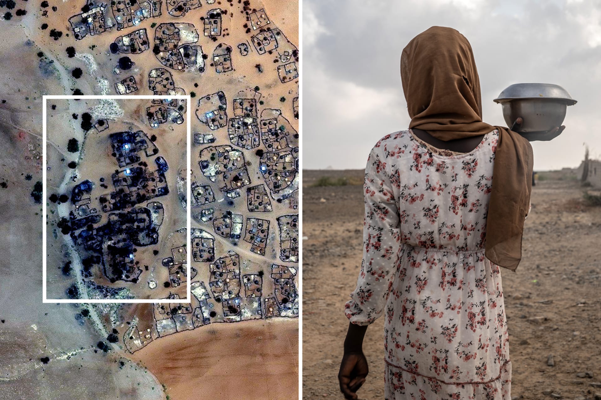 Split-screen shows satellite image on the left, and a sudanese woman holding a pot in a desert landscape on the right.