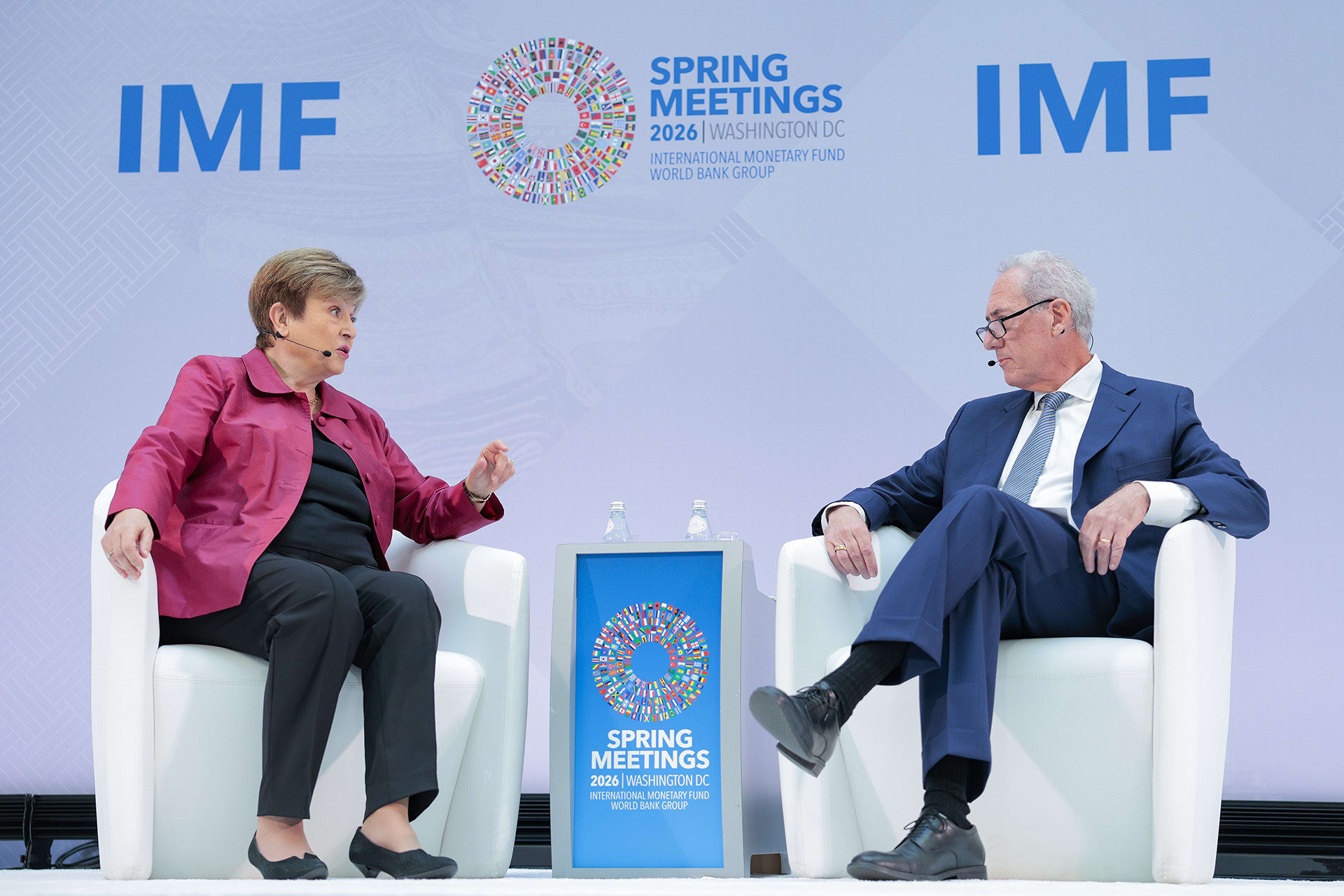 <p>International Monetary Fund Managing Director Kristalina Georgieva speaks with President of the Council on Foreign Relations Michael Froman during a curtain-raiser event to kick off the IMF and World Bank Spring Meetings on April 09, 2026 in Washington, DC. </p>
