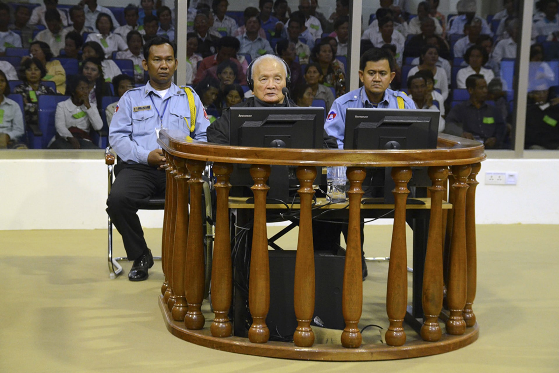 Former Khmer Rouge leader Nuon Chea sits before the Cambodian Genocide Tribunal.

