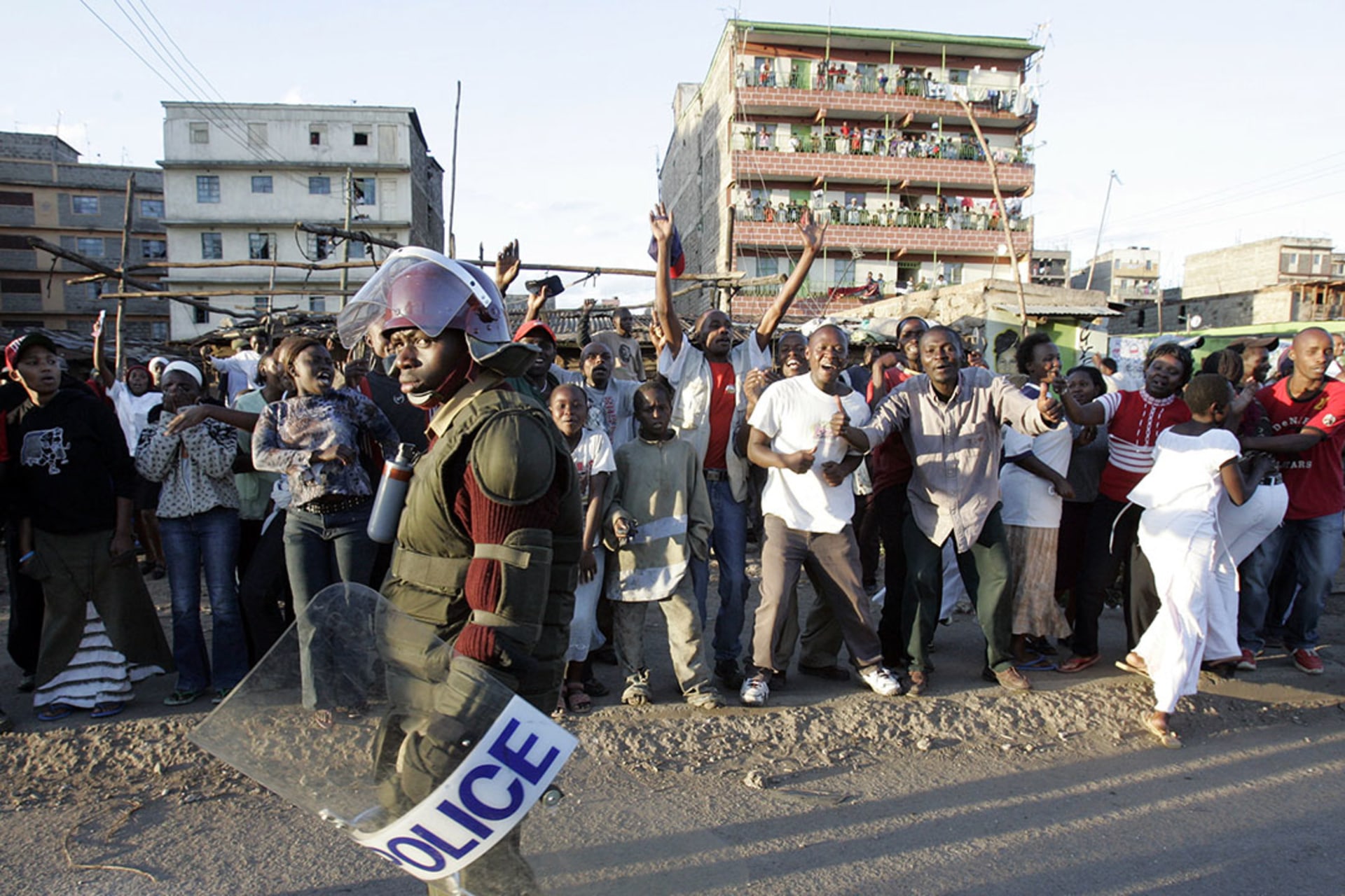 Supporters of the party of Kenyan President Mwai Kibaki cheer in Nairobi after his victory is declared in 2007.