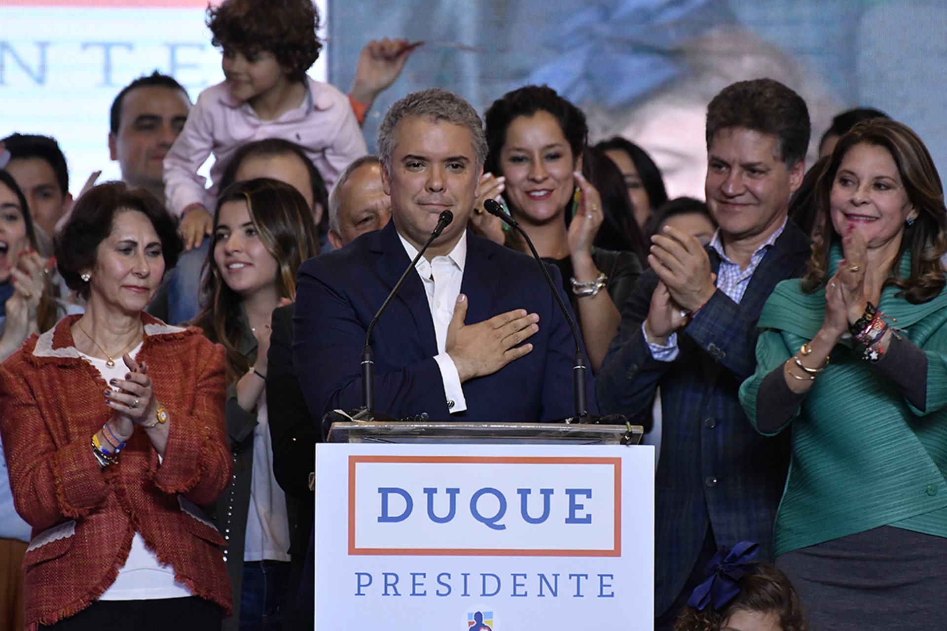 Ivan Duque delivers his victory address after winning the Colombian presidency on June 17, 2018. Gabriel Aponte/Vizzor Image/Getty Images