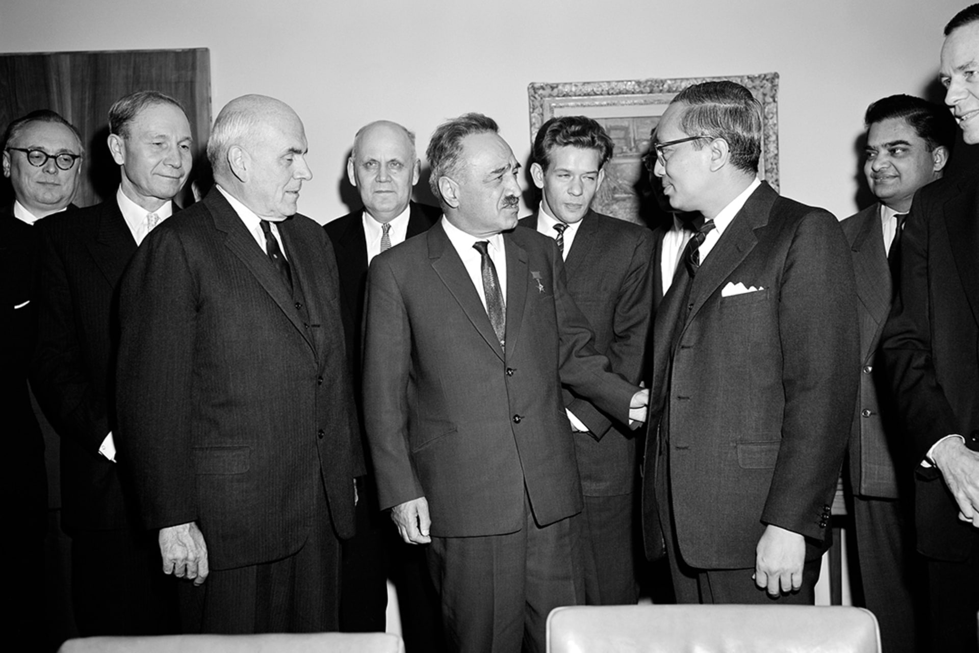 UN Secretary-General U Thant (right) meets with Deputy Premier of the Soviet Union Anastas I. Mikoyan (center) at the UN headquarters in New York as talks continue on the situation in Cuba, November 1962. UN Photo